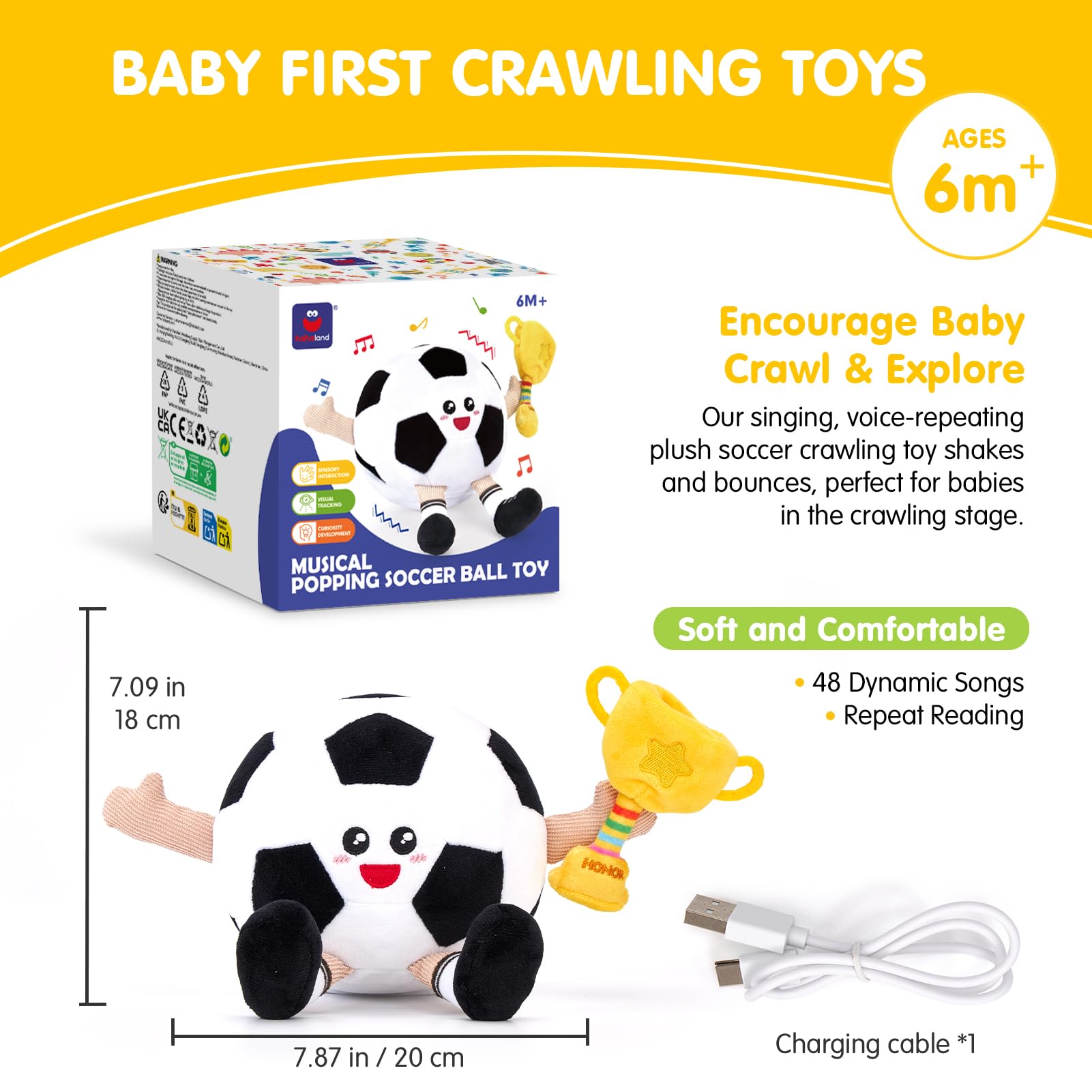 hahaland Giochi Neonato 3 6 9 Mesi, Peluche Calcio Giocattolo Interattivo con Musica e Registrazioni, Gattonare Giochi Regalo Bambini 1 Anno