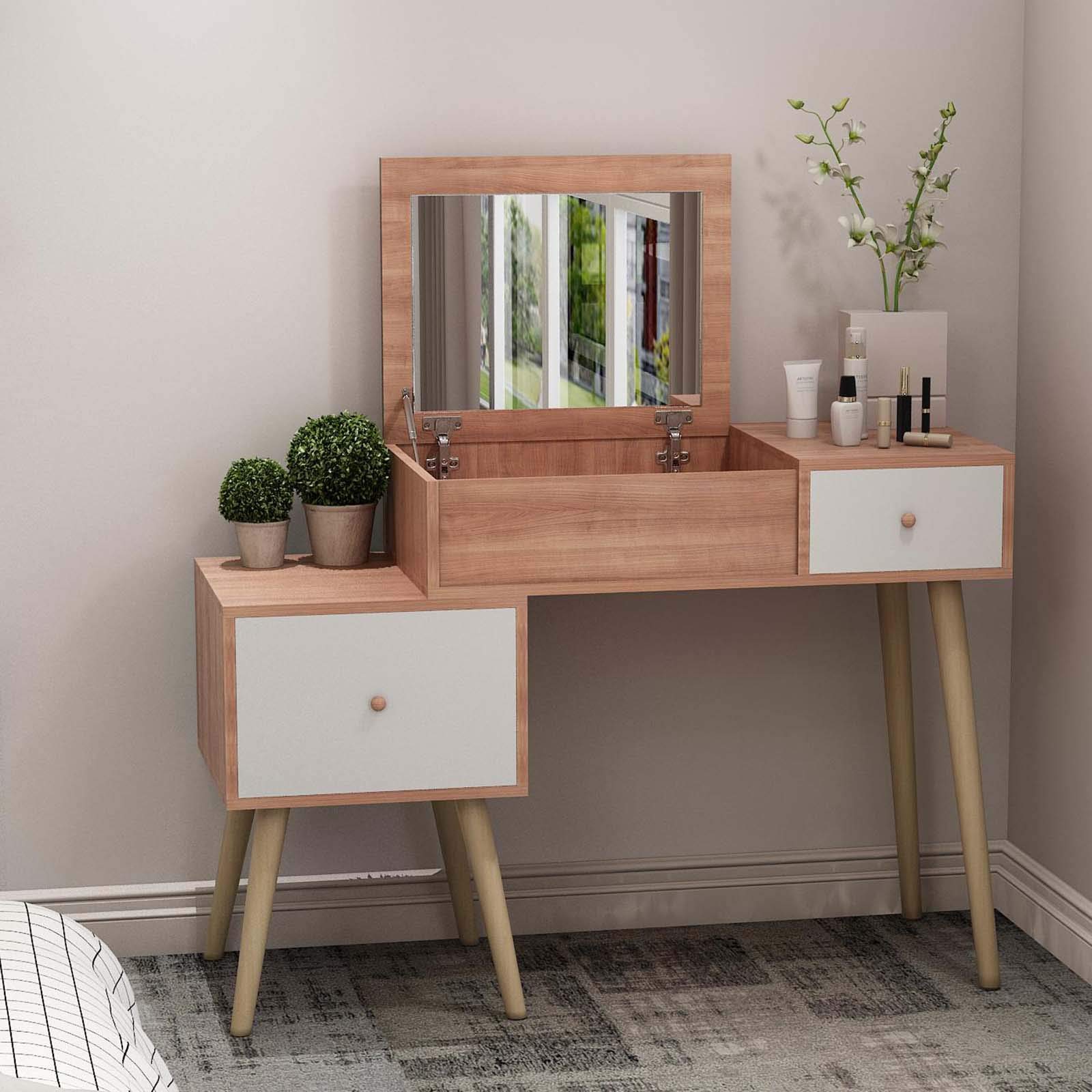 Buy Vanimeu Oak Dressing Table with Mirror 2 Drawers Vanity Table Makeup Desk Girls Dressing