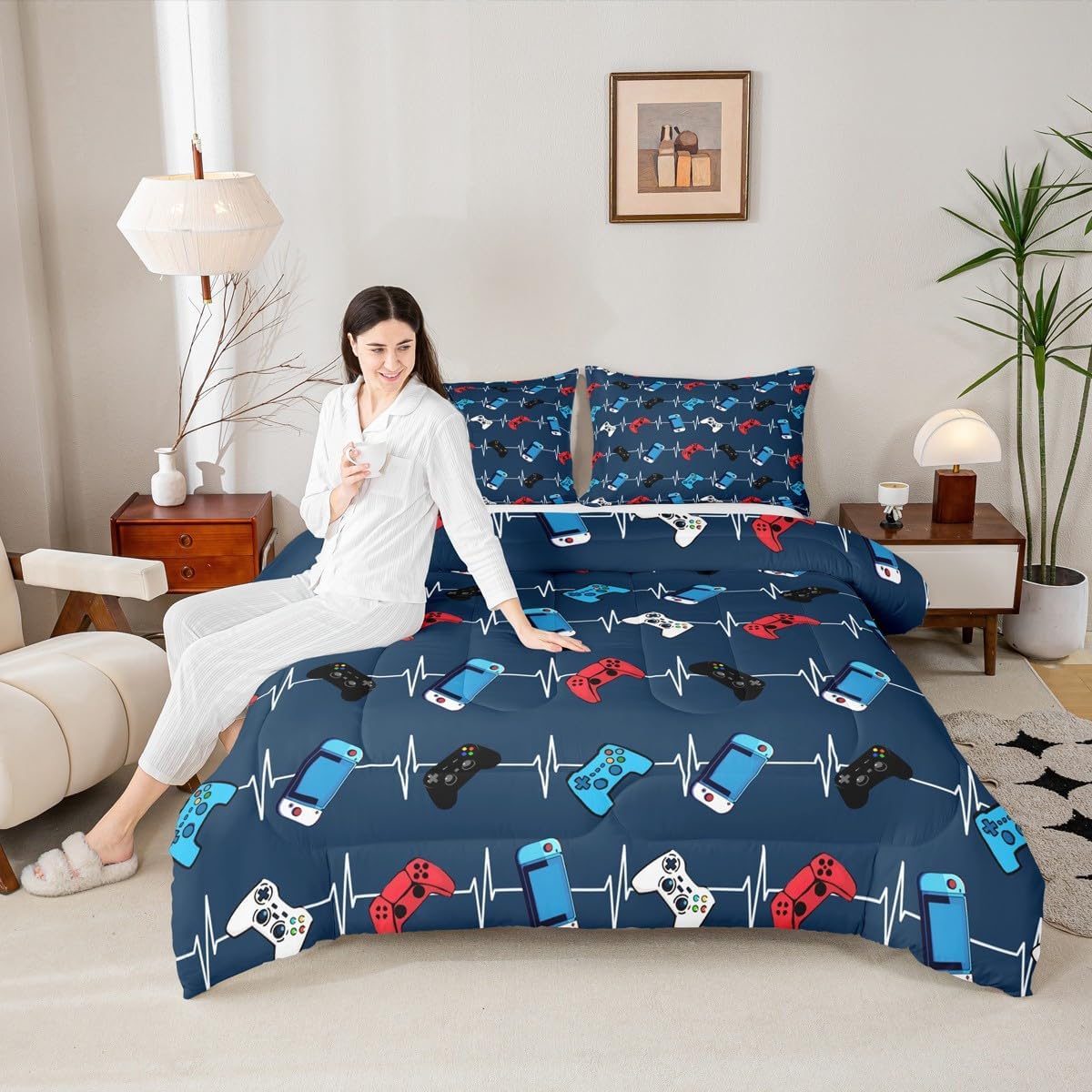 Castle Fairy Red Blue Gamer Comforter Set,Video Game Gamepad Bedding Set for Kids Girls Boys,Teens Adults Controller Comforter,Gaming Quilted Duvet Set Bedroom Collection Twin Size 2Pcs