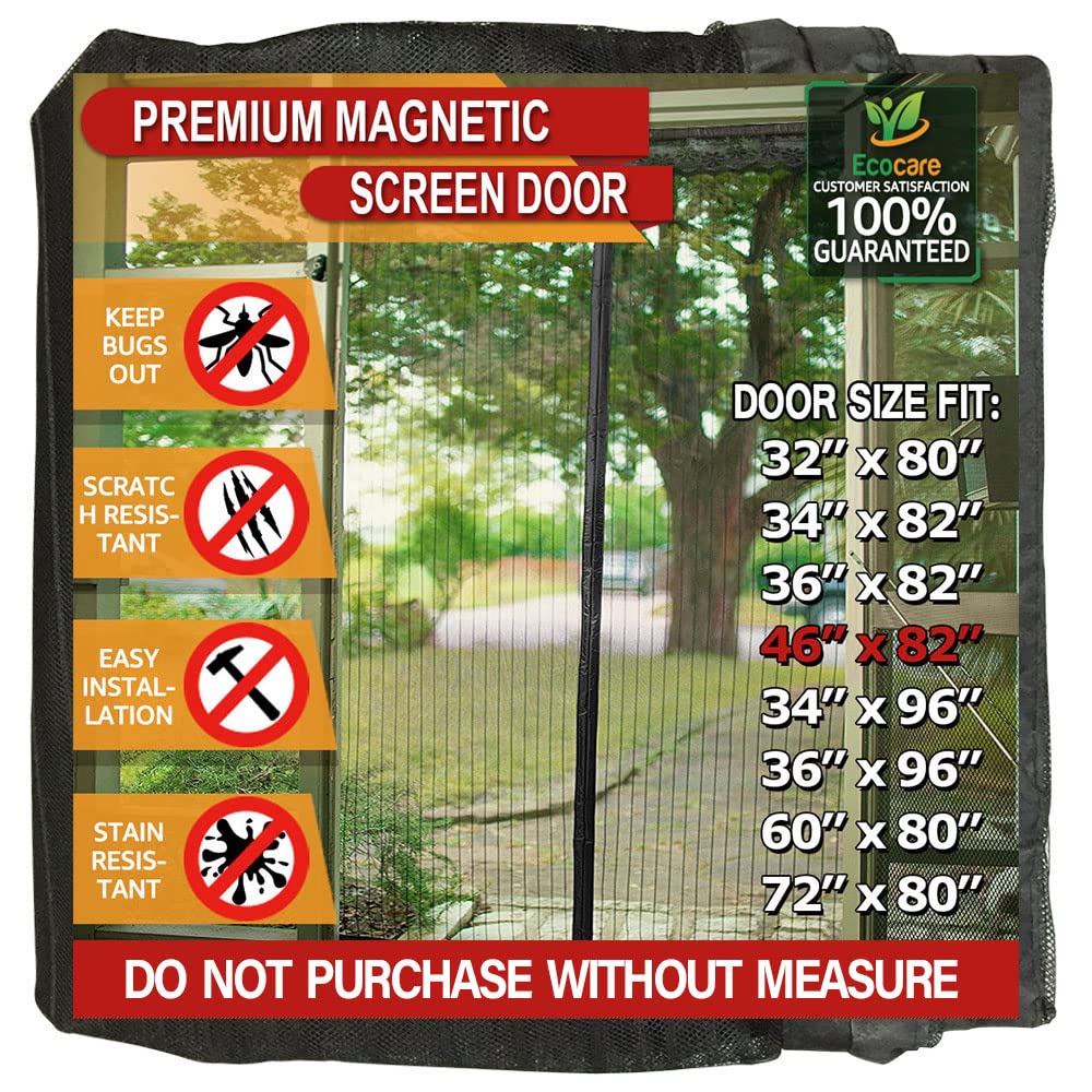 TheFitLife Magnetic Screen Door - Heavy Duty Mesh with Full Frame Hook and Loop Powerful Magnets That Snap Shut Automatically (Black, 48"x83" Fits