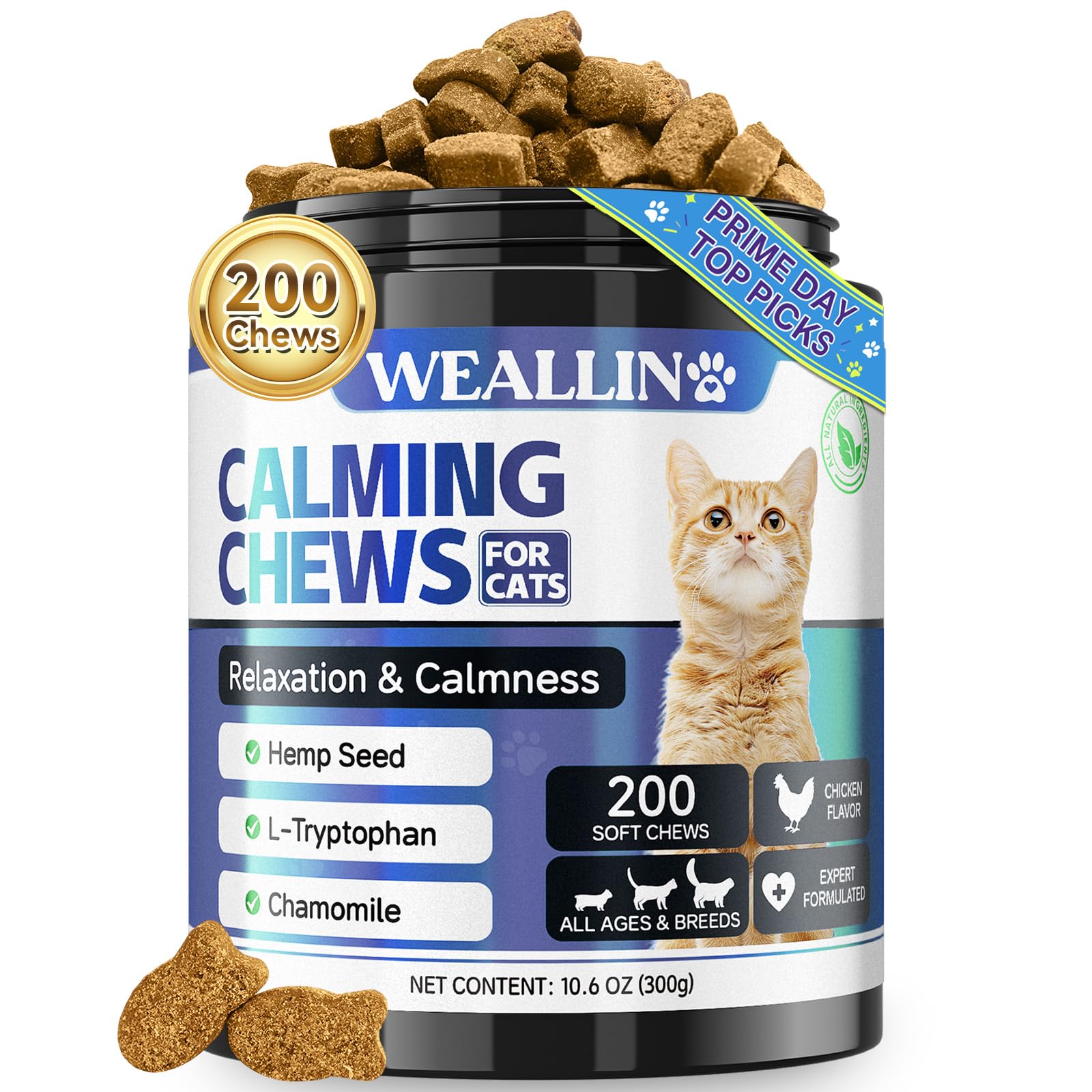 WEALLIN Premios Calmantes para Gatos, 200 Golosinas Naturales para Relajación, Ayuda contra Inquietud, Separación, Visitas al Veterinario, Viajes, Ruidos Fuertes, Pollo para Todas Las Razas