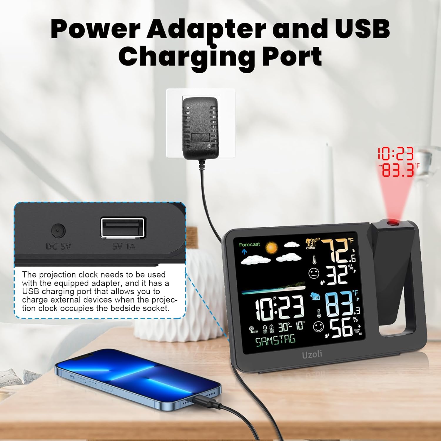 uzoli Projection Alarm Clock Weather Station, WWVB Atomic Projector Clock with Sensor, Adjustable Backlight, Indoor Outdoor Temperature Humidity, Digital Projection Clock for Bedroom Ceiling