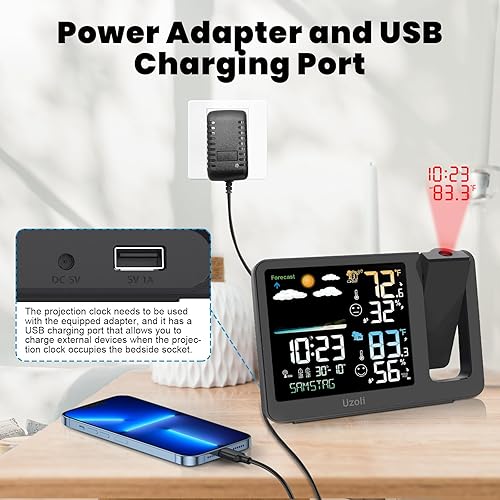 Miniatura 7 de uzoli WWVB - Reloj despertador de proyección, estación meteorológica, proyector atómico con sensor, retroiluminación ajustable, humedad de