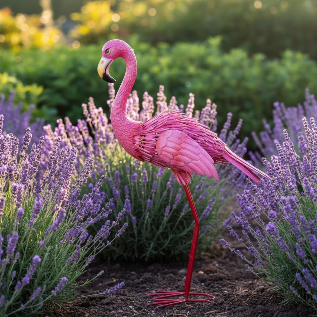 35" Flamingo Garden Statues & Sculptures, Metal Birds Yard Art Outdoor Statue, Large Pink Flamingo Lawn Ornaments for Home, Patio, Backyard Decor