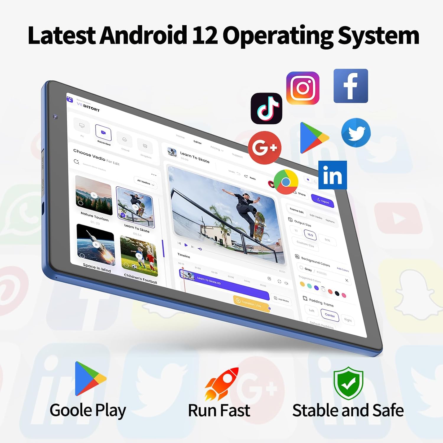 NEWISION tablet screen showing various app icons like Google Play, Facebook, TikTok, and YouTube, indicating the Android 12 operating system