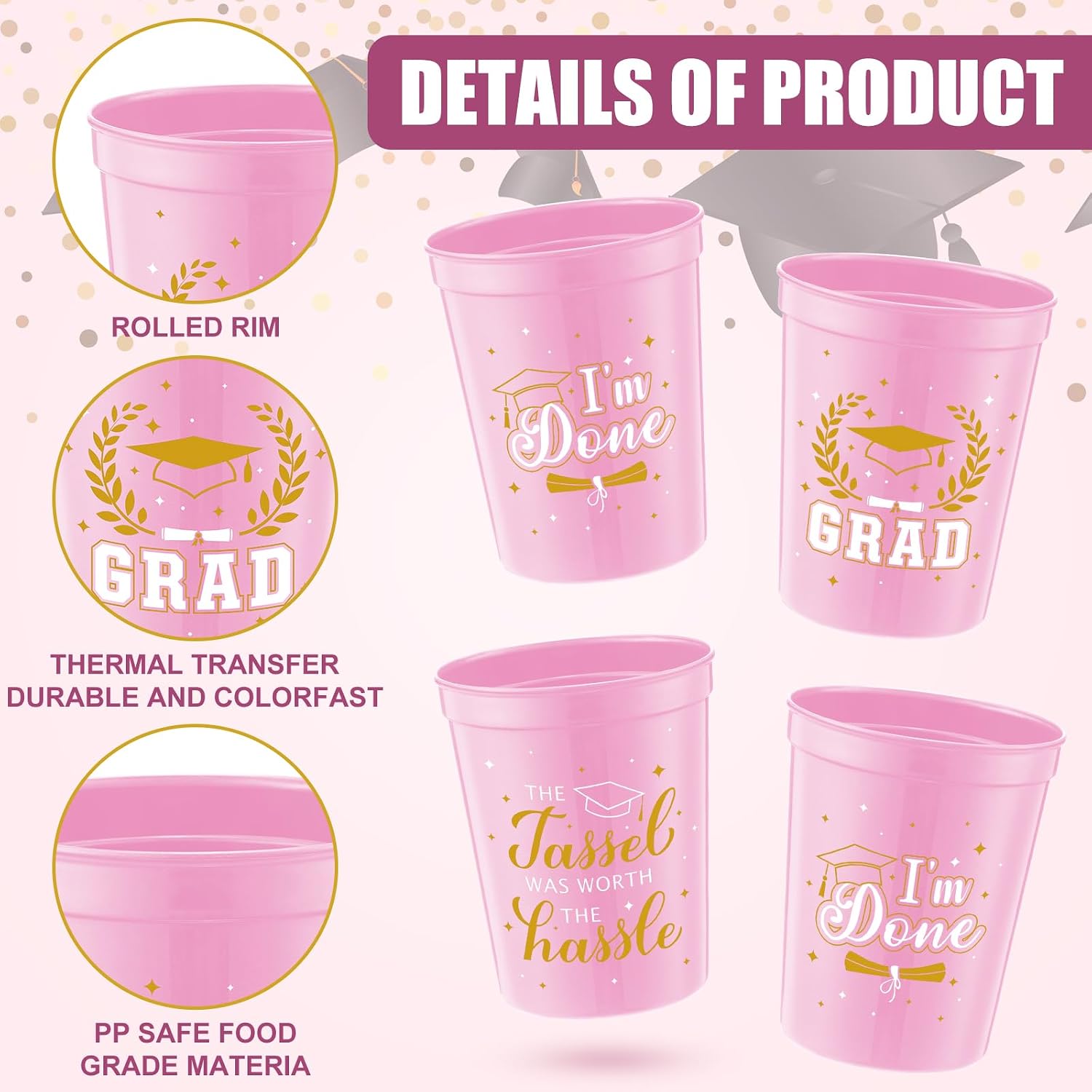 Yinder 48 Pieces 2026 Graduation Plastic Cups, 16 oz Congrats Grad Cups Set Stadium Grad Party Reusable Tumblers, 4 Styles Hot Cold Drinks for Graduation Party Decorations Supplies(Light Pink)