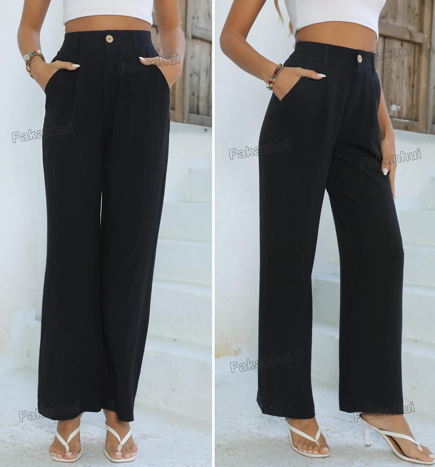 Fakanhui Women's Linen Dressy Work Casual Pants Summer Business Straight Wide Leg Cotton Linen Trouser Pants - Image 2