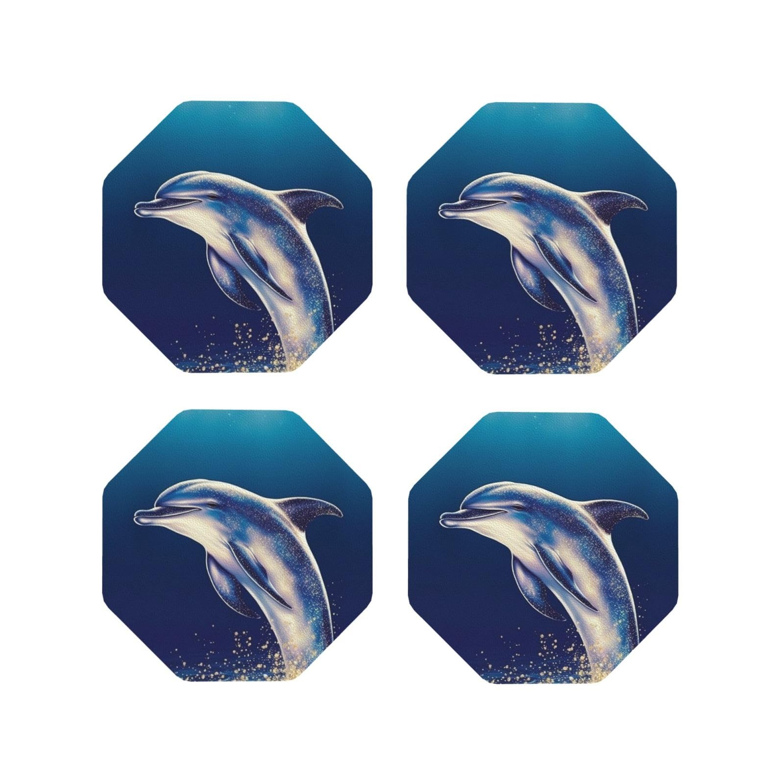 4Pcs PU Leather Coaster for Drinks, Glitter Dolphin Cup Coastersr 4" Cup Mat Pad, Aesthetic Drink Coasters for Coffee Table, Octagon Coaster for Tabletop Protection