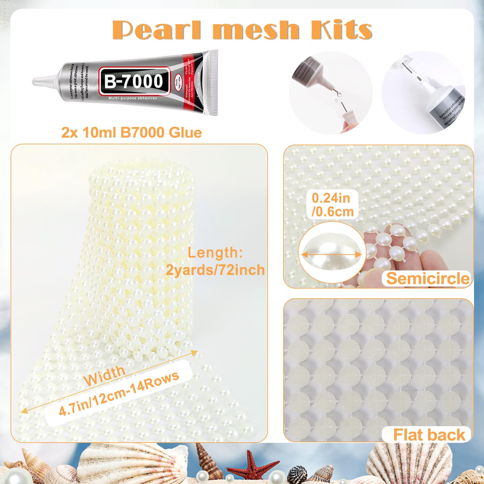 2 Yards Pearl Mesh with Glue, Pearl Trim by The Yard Pearl Ribbon for Crafts DIY Wedding Bouquets Birthday Party Home Decoration, Ivory