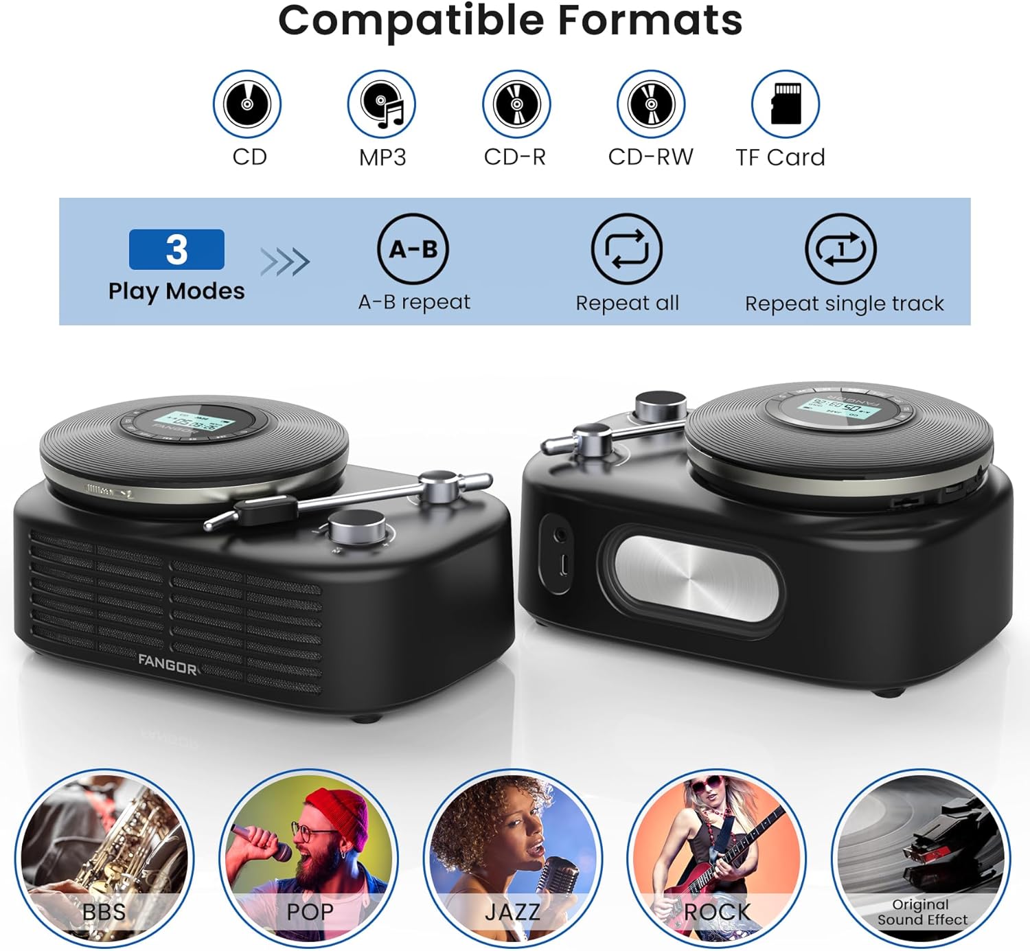 Image showing compatible formats (CD, MP3, CD-R, CD-RW, TF Card), 3 play modes (A-B repeat, Repeat all, Repeat single track), and 5 sound effects (BBS, POP, JAZZ, ROCK, Original Sound).