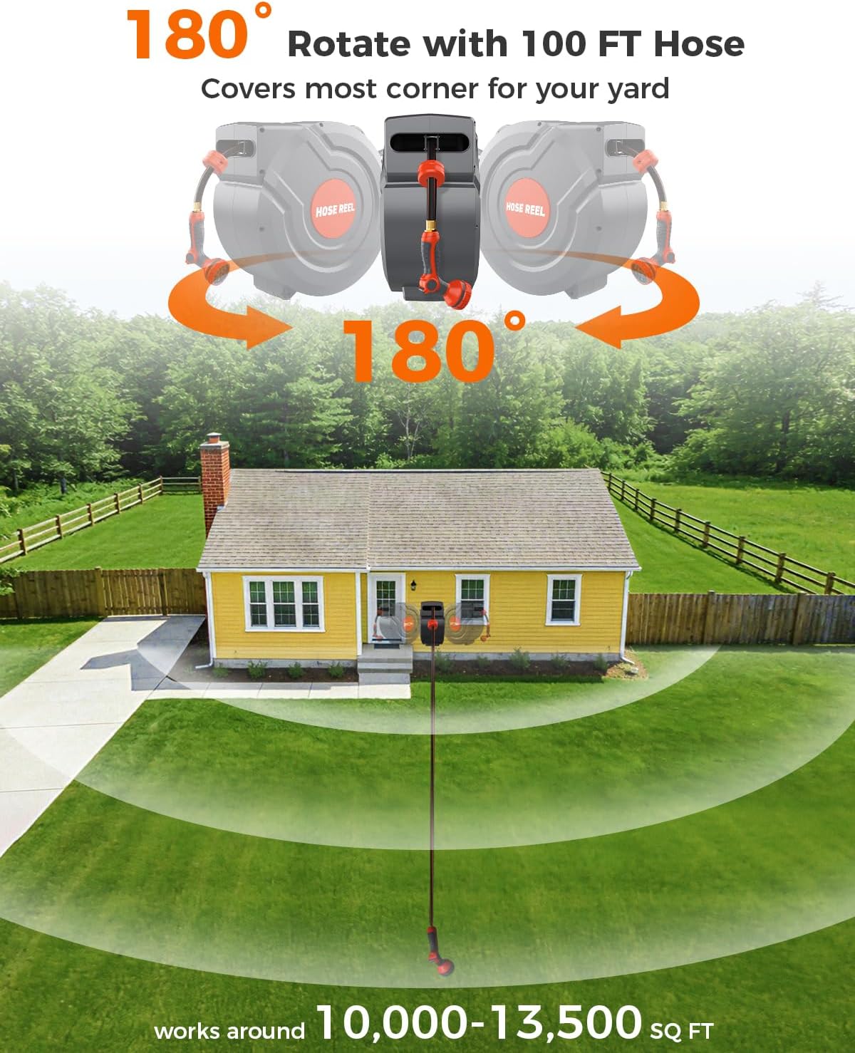 Retractable Garden Hose Reel,Wall Mounted 100 ft 5/8 Inch Automatic Return, Any-Length Lock, 9-Pattern Sprayer, 180° Swivel, Durable Water Hose Reel for Yard and Home
