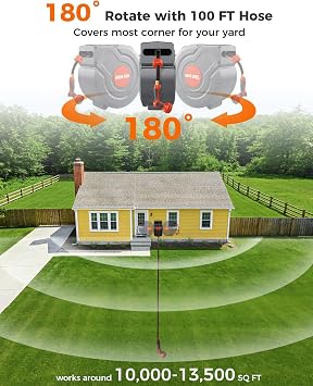 Retractable Garden Hose Reel,Wall Mounted 100 ft 5/8 Inch Automatic Return, Any-Length Lock, 9-Pattern Sprayer, 180 Swivel, Durable Water Hose Reel for Yard and Home
