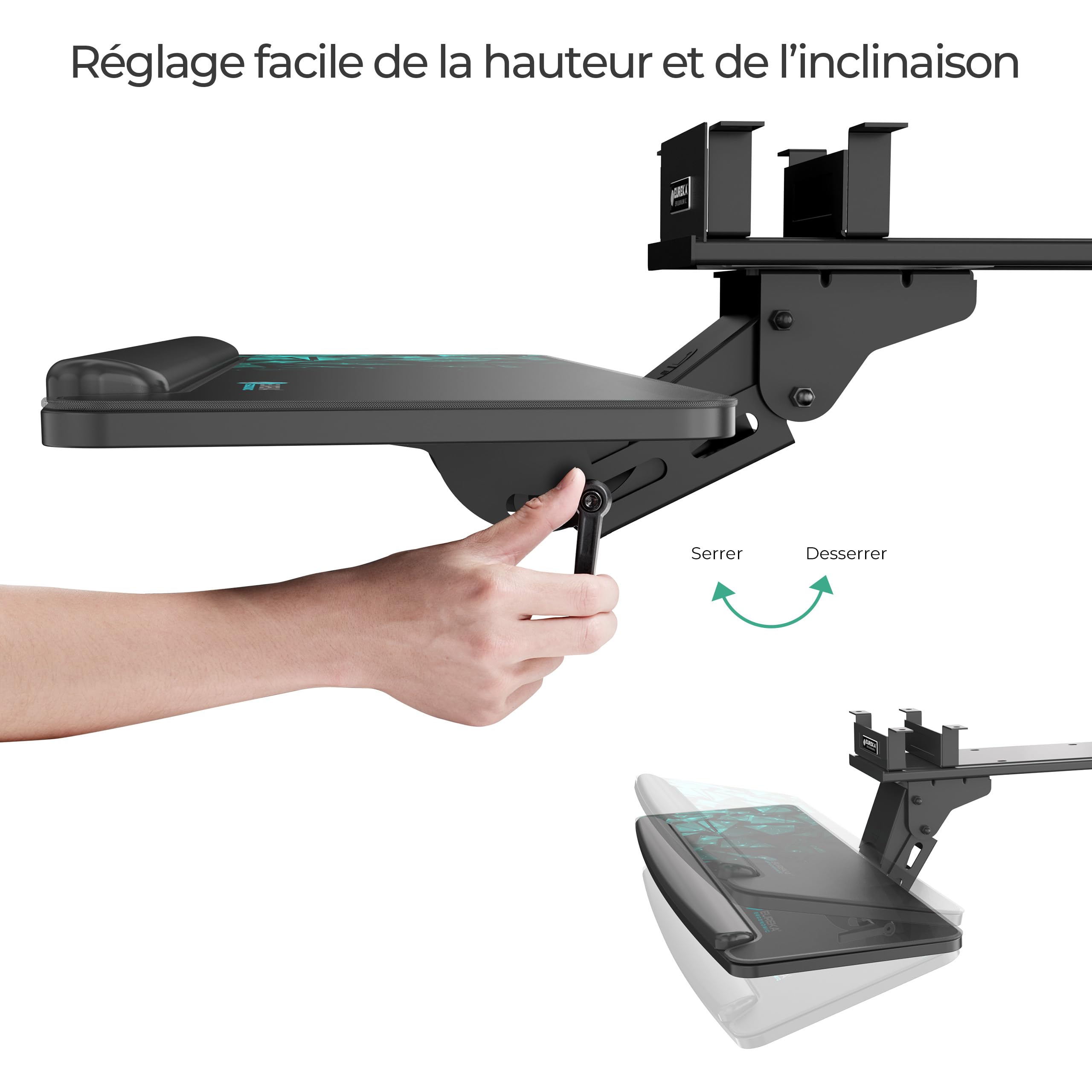 EUREKA ERGONOMIC Plateau de Souris et Clavier réglable en Hauteur sous Le Bureau, Grand tiroir Noir Coulissant pivotant pour Clavier d'ordinateur avec Tapis de Souris pour Jeu, Bureau à Domicile