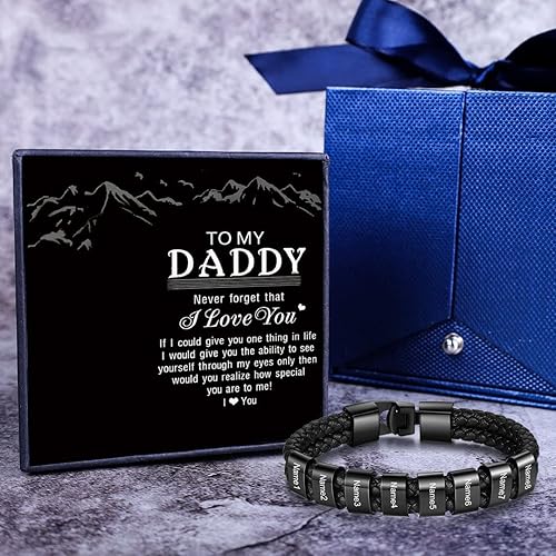 Miniatura 9 de Pulsera trenzada negra personalizada para hombre, pulsera personalizada con 1-8 cuentas personalizadas, nombres de la familia, joyería para hombres