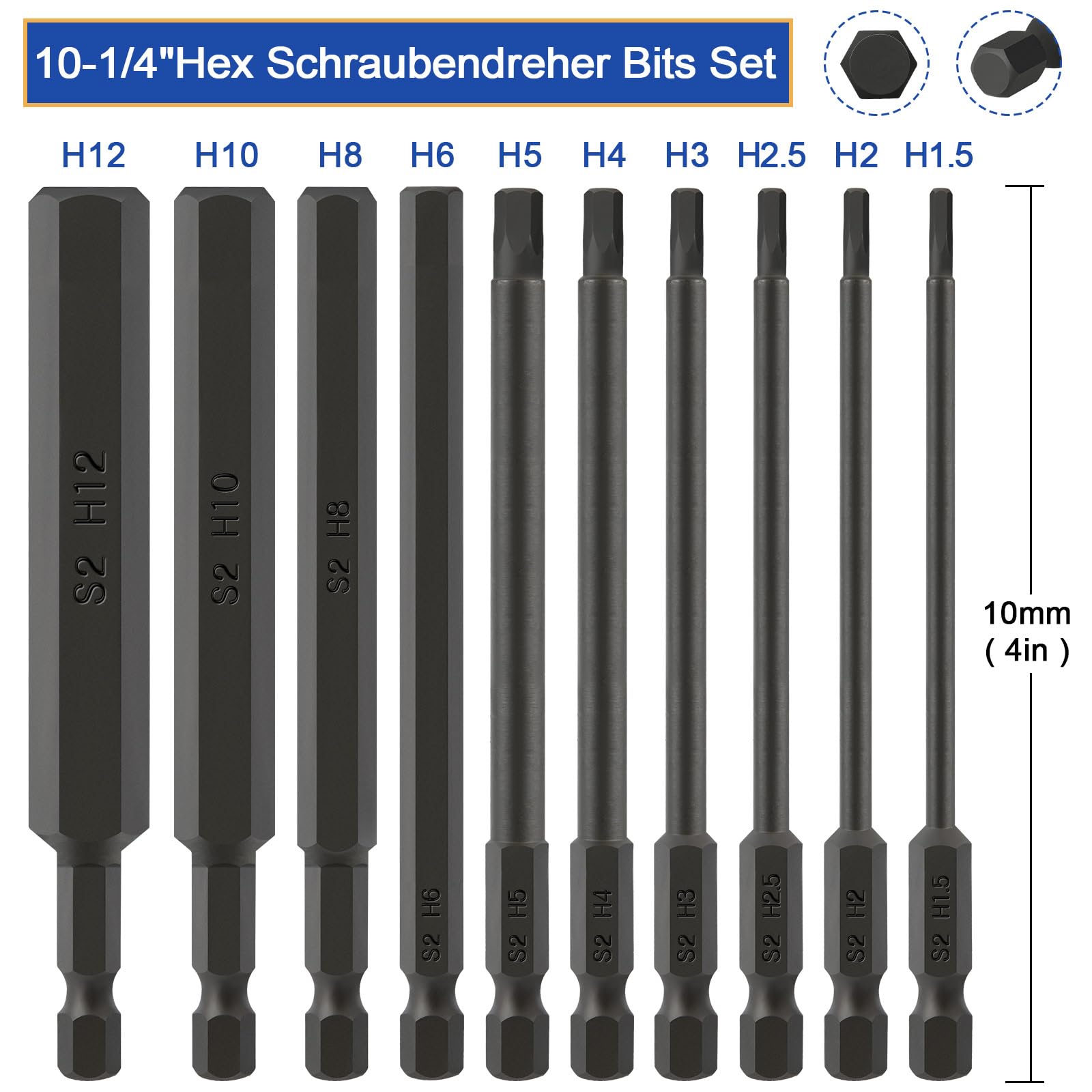 Inbusschlüssel-Bohrer-Set 10-teilig – Magnetisch, S2-Stahl, Größen H1,5 Bis H8, 50 Mm