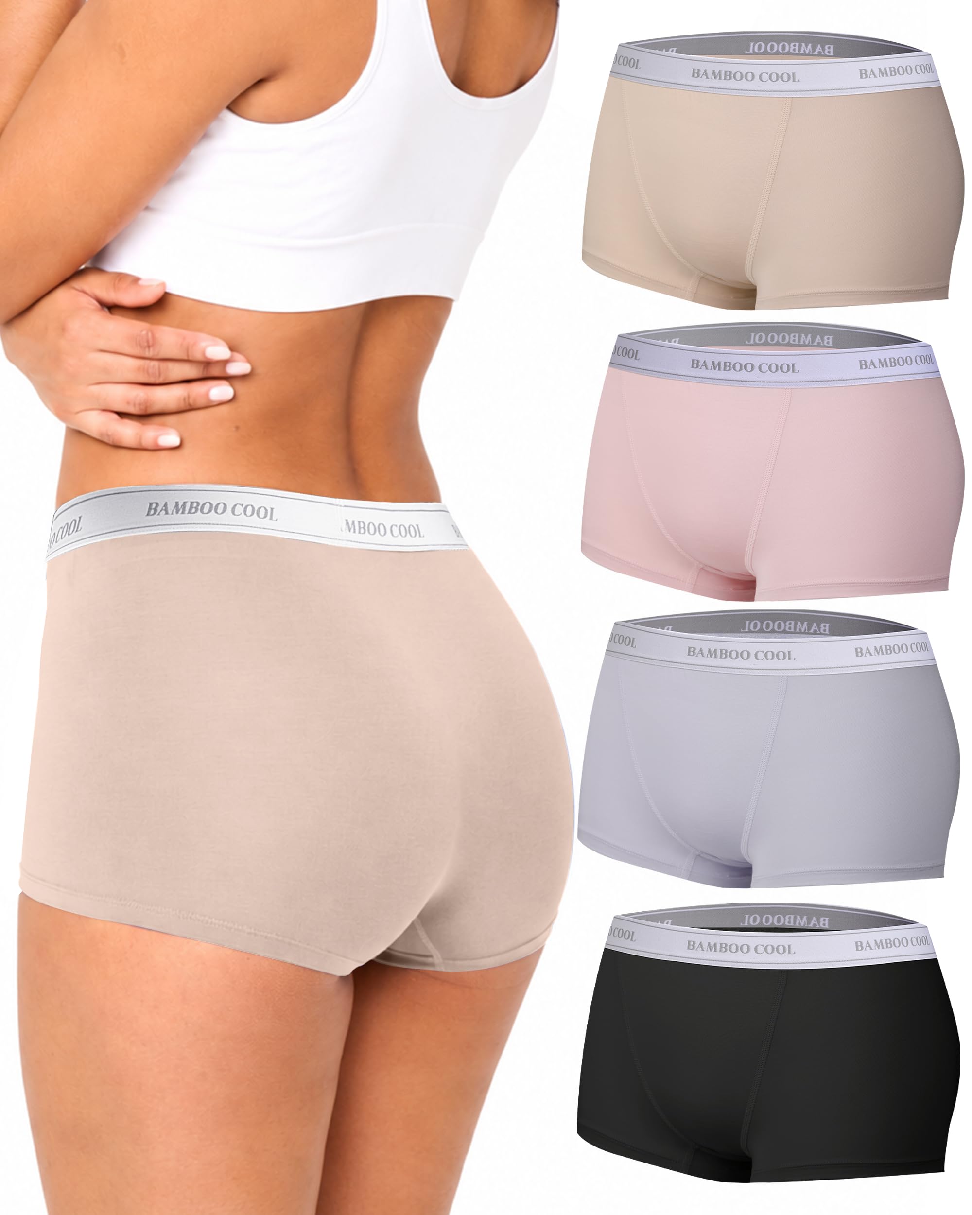 BAMBOO COOL Womens Boyshorts Cooling Underwear Boxer Briefs Panties 4 Pack | Bamboo Soft, More Breathable than Cotton, Moisture Wicking, Anti Chafing, High Waisted, Ladies boxers, Female Underdress