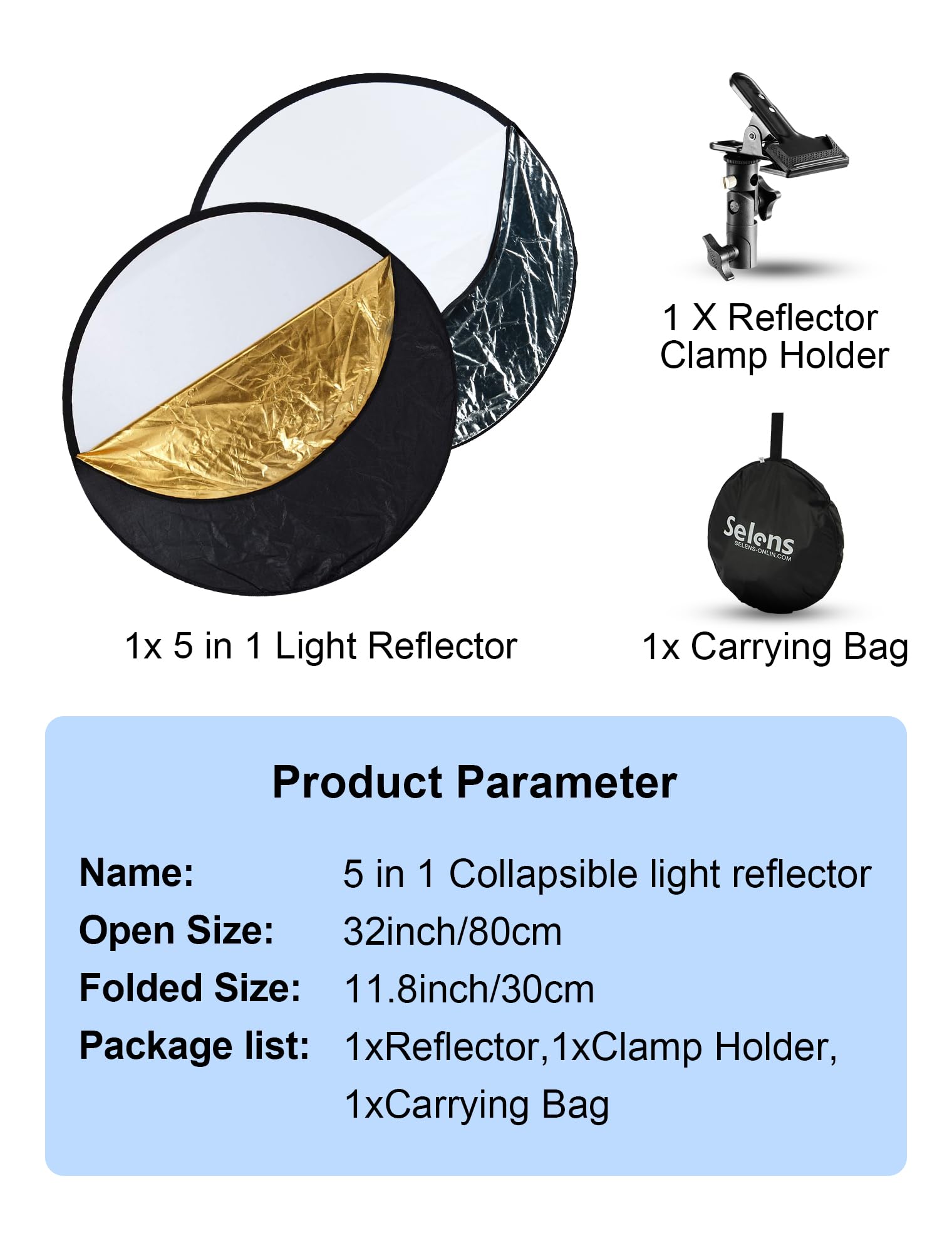 Selens Tragbarer 80 cm Lichtreflektor mit Klemme, 5-in-1 zusammenklappbarer Multi-Disc-Foto-Reflektor, durchscheinend, Silber, Gold, Weiß, Schwarz, für Studio-Fotografie-Beleuchtung und