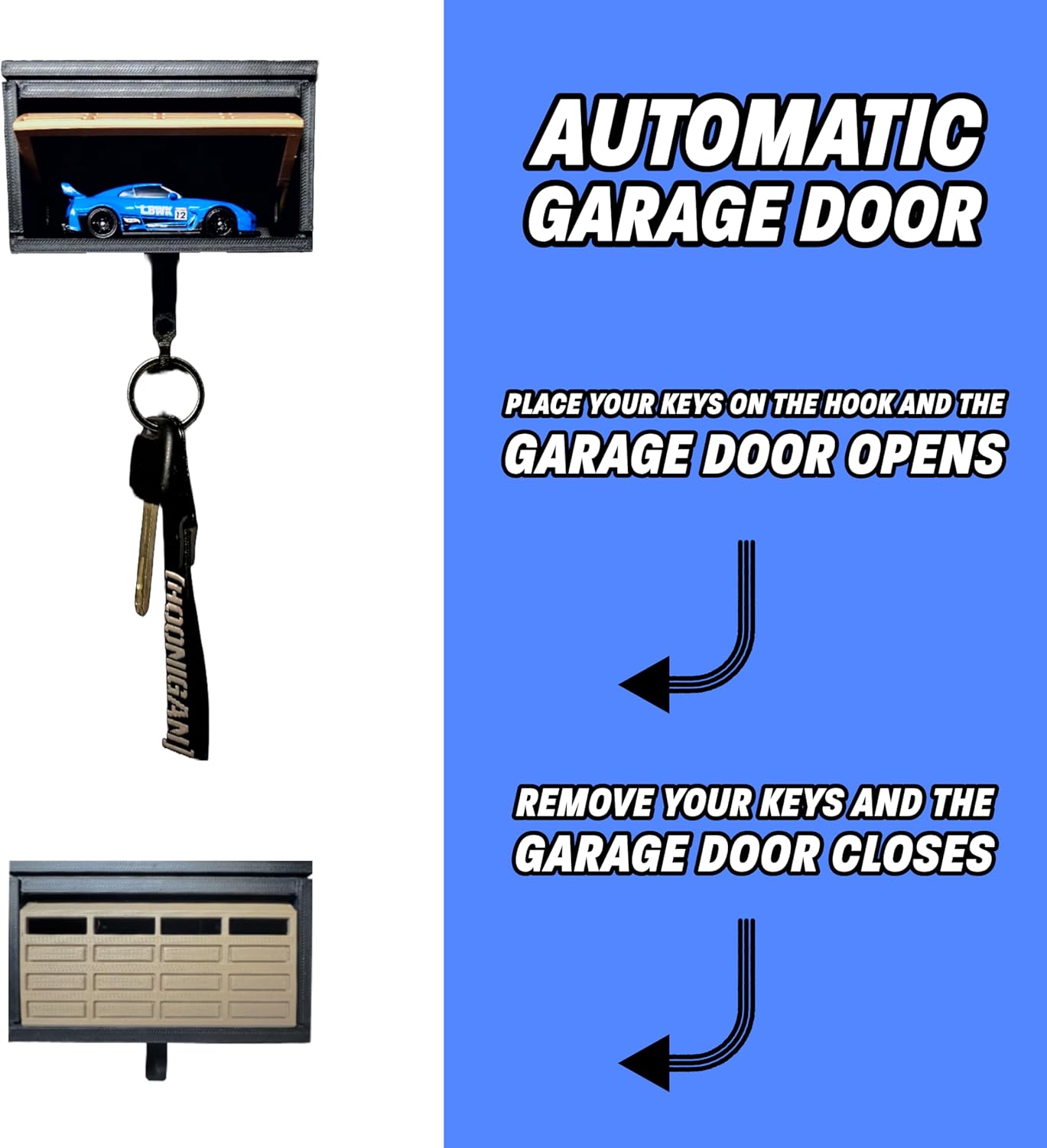 Car Garage Key Holder with Opening Door, Mini Car Garage Key Holder with Real Windows for Wall & Cars Enthusiast, Easy Installation(Car Not Included), Key Hook Garage for Hot Wheels (2, Black)
