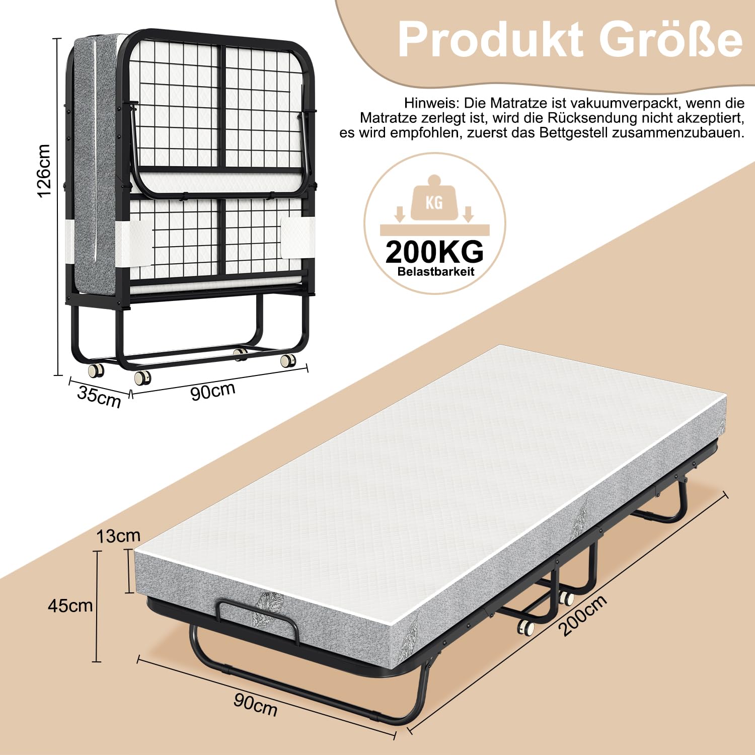 90 x 200 cm łóżko składane, pojedyncze łóżko z pianki o grubości 13 cm, łóżko dla dorosłych, łóżko dla gości, składane na kółkach, metalowe łóżko obciążenie 200 kg, do sypialni, biura, salonu