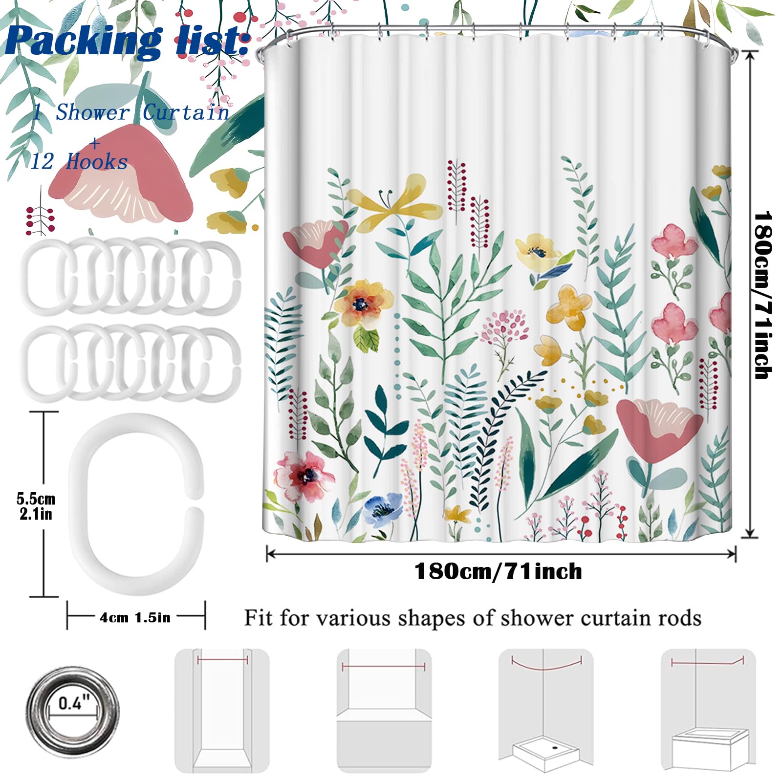 Shower Curtain White Mould Proof Resistant Waterproof Flower Bathroom Curtains with 12 hooks Quick-Drying Weighted 180x180cm (71x71Inch) Polyester Shower Curtains for Bathroom Wet Room Tub - Image 2