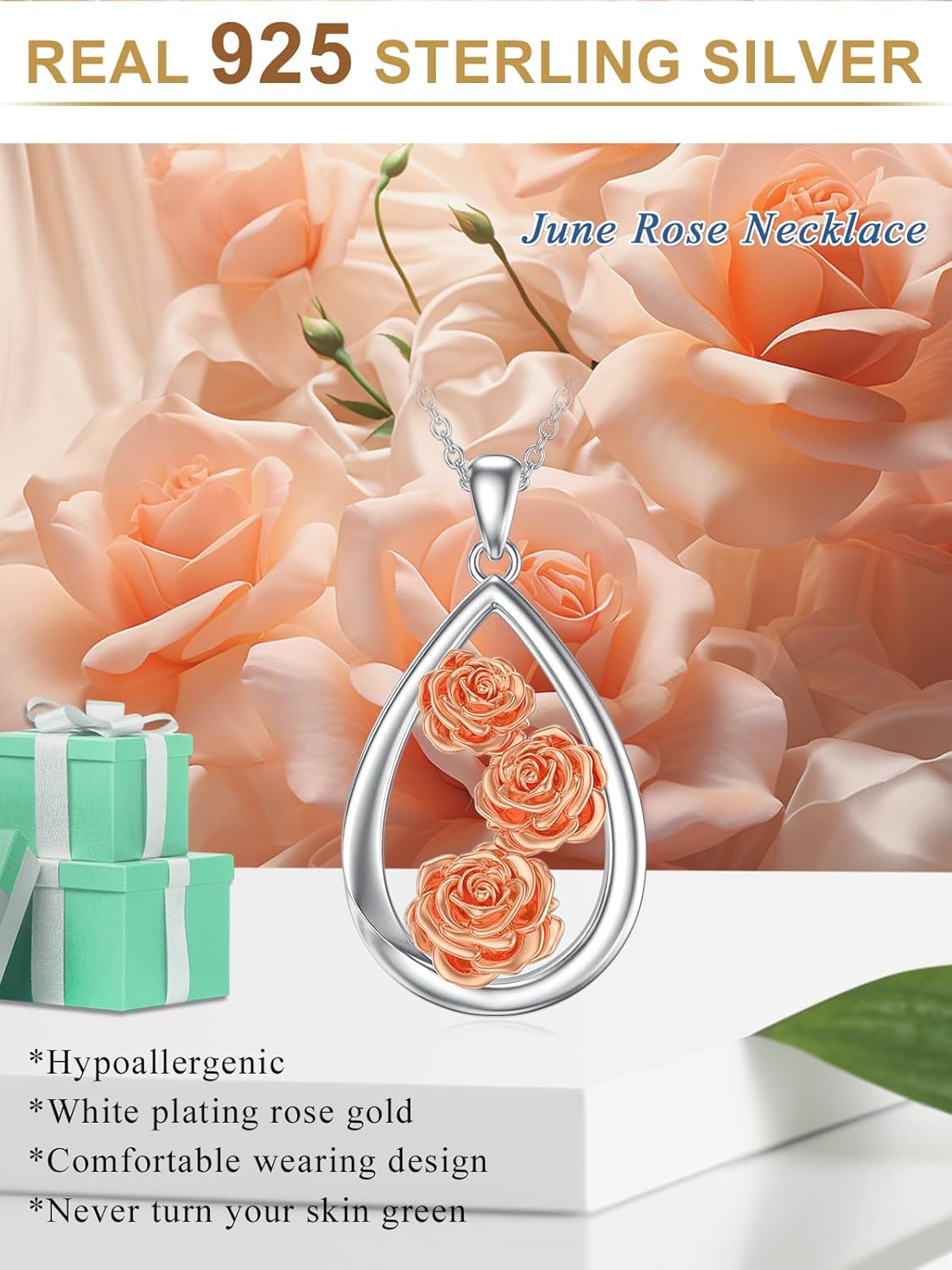 Teardrop Rose Necklace 925 Sterling Silver June Birth Flower Pendant Floral Birthday Valentine's Day Jewelry Gift for Women - Image 6