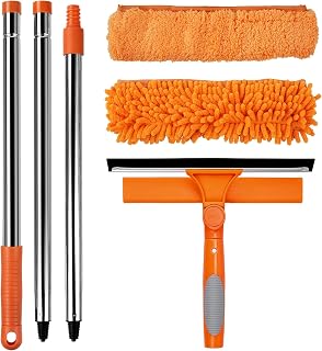 2 in 1 Fensterwischer & Abzieher mit 3-teiliger Teleskopstange (151cm), Fensterreiniger Set, Fensterputzer mit Drehbarem Reinigungskopf für hohe Fenster, Auto, Innen & Außen