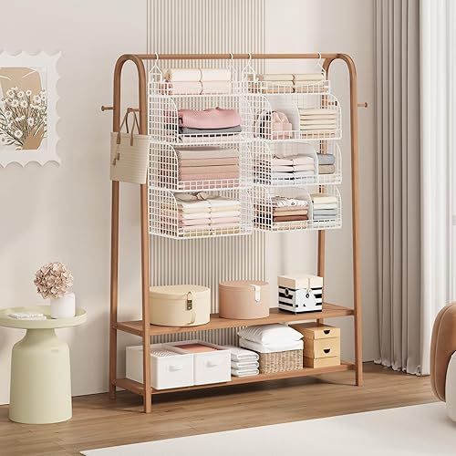 Miniatura 2 de SWTYMIKI Organizador de armario colgante  4 estantes apilables de metal con divisores y ganchos en S, estantes plegables para ropa, pantalones,