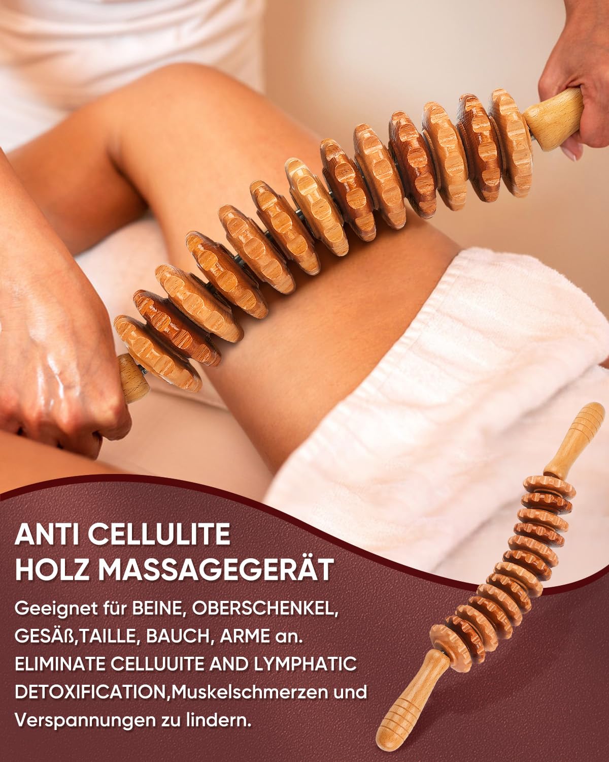 Neues Design Faszienrolle Holz Massagegerät, Faszienstab Roller Wood, Massageroller Mit Griff, Massage Holz Anti Cellulite Massagegerät, für Maderotherapie und Lymphdrainage 42.2cm 350g Buche