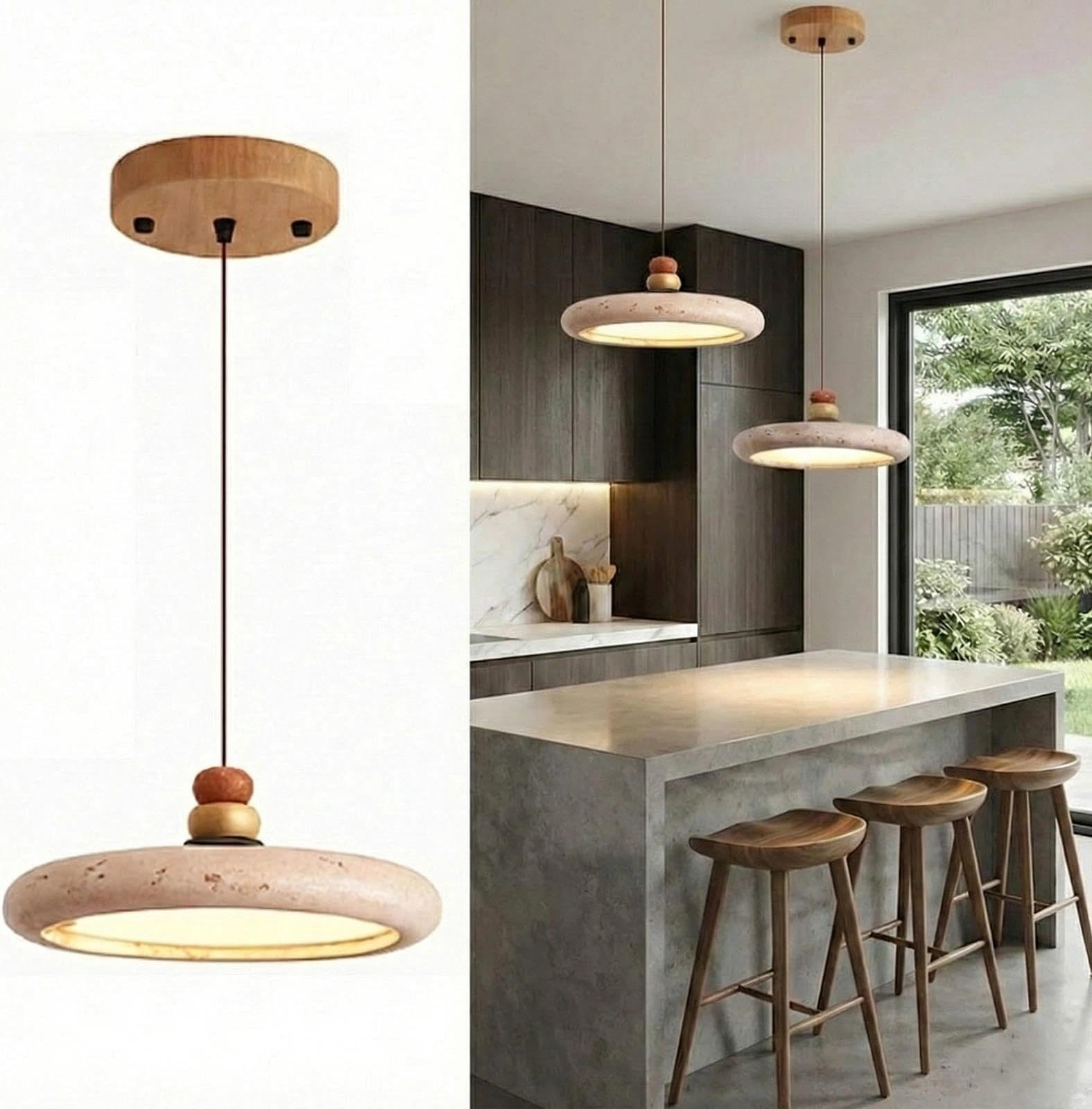 LYMSXAZOU Travertine Stone Pendant Light for Kitchen Island – Natural Lights Dining Room & Living Room, Adjustable Nordic Japandi Hanging Lamp with Built-in 28W LED, 3000K Warm Light(B)