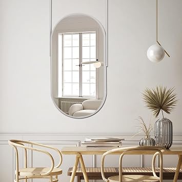 Metal-Frame Wall Mirror - Ceiling Hanging Boom Mirror Decorative Mirror White Vanity Wall Mounted Mirror for Bathroom Living Room Bedroom, Suspended Bathroom Makeup Mirror Size 40cmx60cm