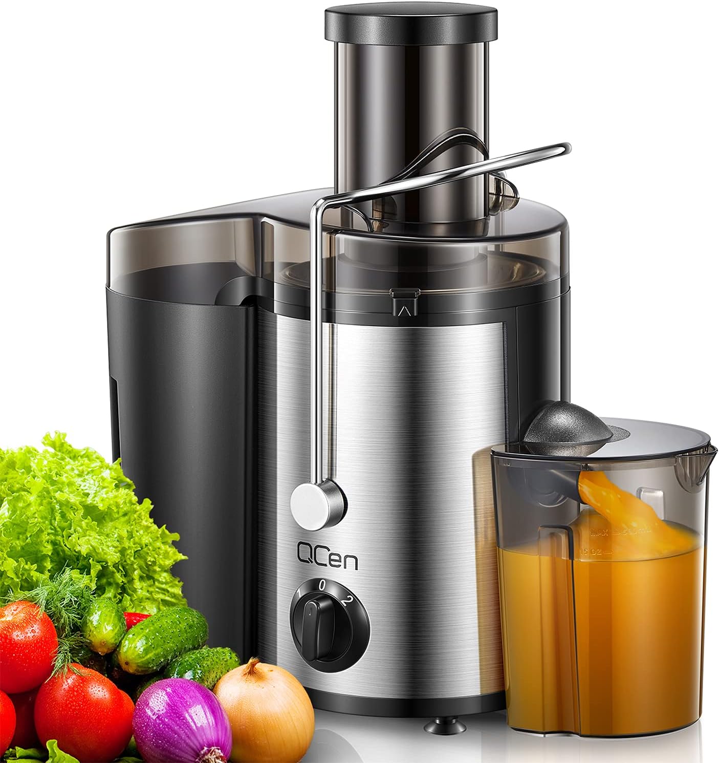 QCen Juicer Machine 500W Centrifugal Juicer with Extra Wide Feed Chute | For Fruits And Vegetables, Stainless Steel, BPA-Free Parts, Easy To Clean, Compact Countertop Juicer, Black,