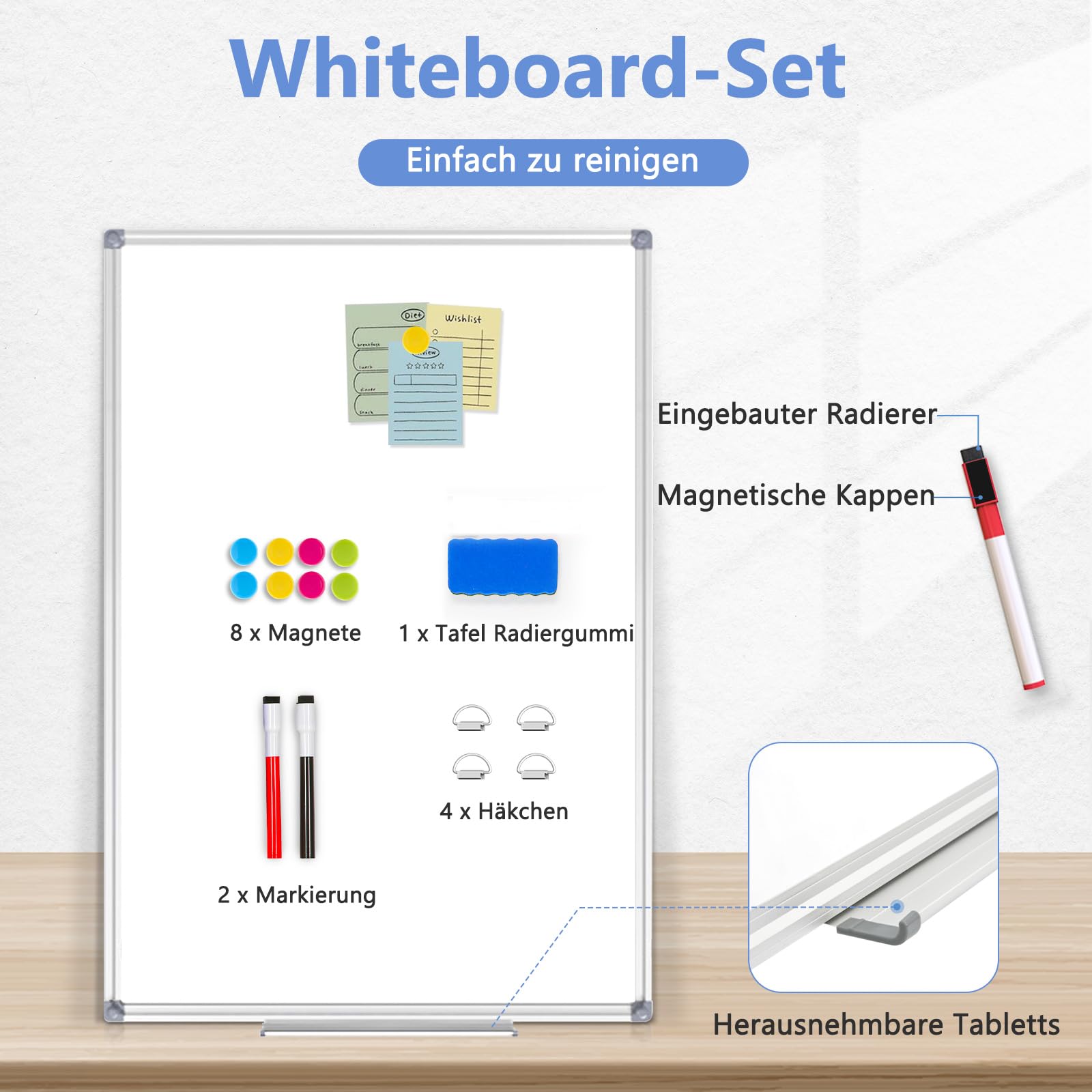 DOLLAR BOSS Magnetisches Whiteboard, 45X60CM Magnettafel Magnetpinnwand mit 2 Whiteboard Stifte, 8 Magnete and 1 White Board Radiergummi, für Schule & Küche und Büro, aufhängen, keine Bohrung