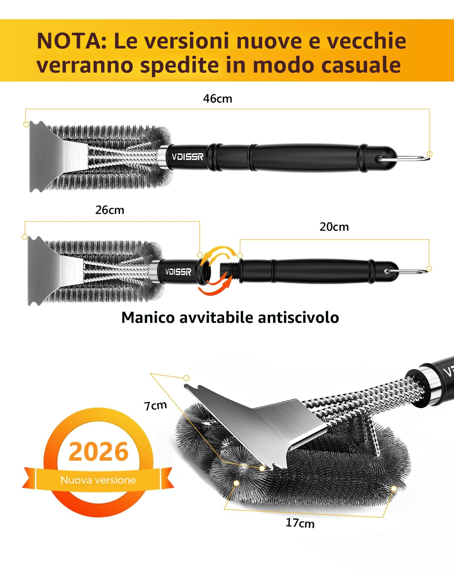 Spazzola Barbecue Acciaio Inox con Raschietto, Pulizia 360°, Manico Isolante Termico Extra Lungo
