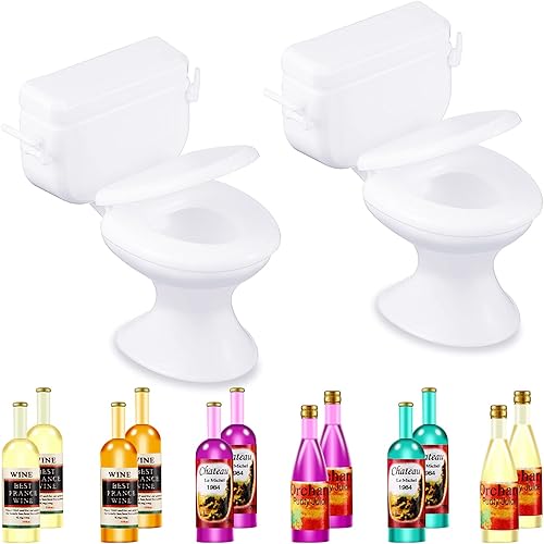 10 botellas de vino en miniatura con 2 piezas de mini decoración de pastel de inodoro, accesorios de pastel de casa de muñecas, juego de juguetes