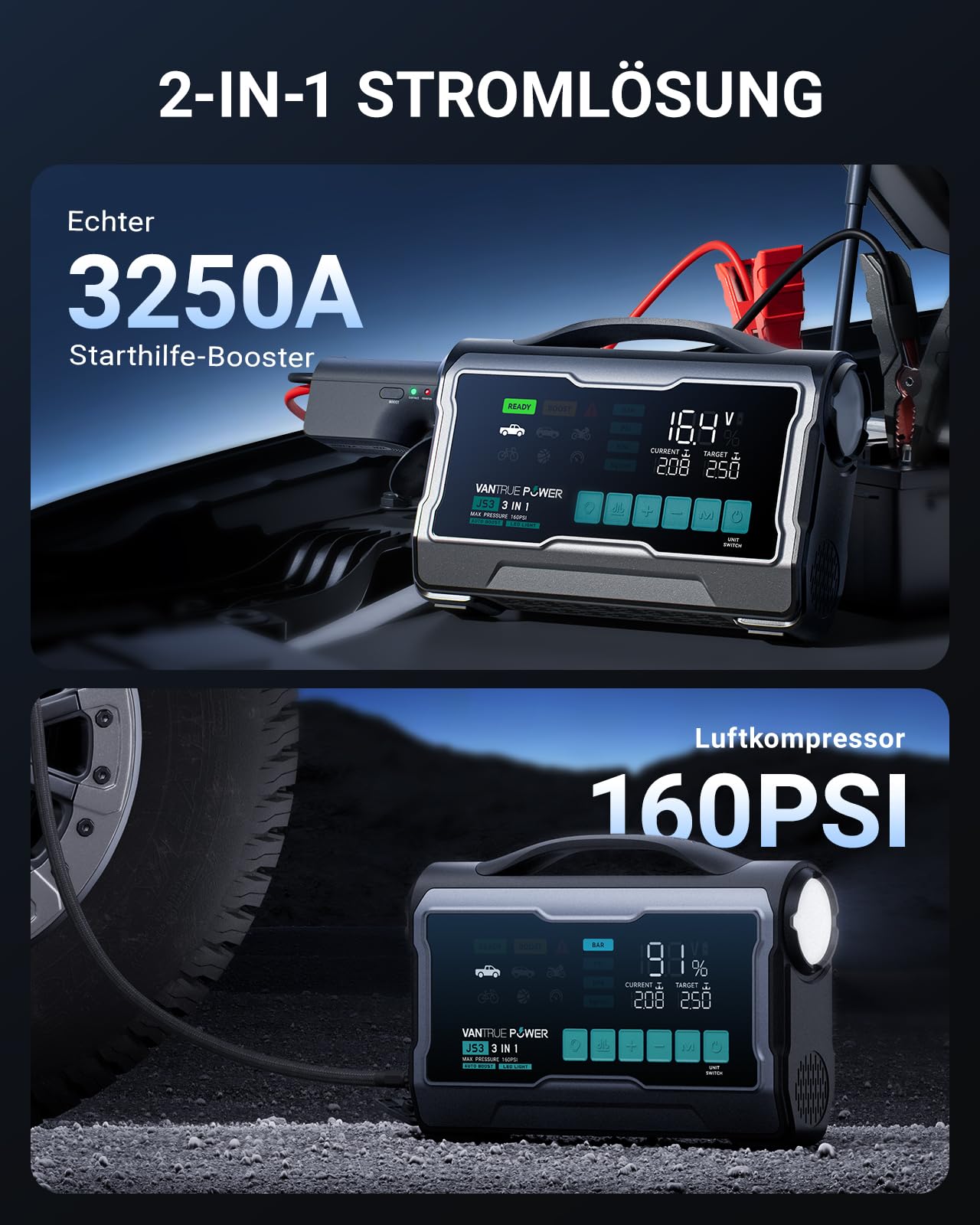 JS3 3250A Starthilfe Powerbank für PKW mit 160PSI Kompressor 12V Auto Batterie Booster, 65W Schnelllade, für 10L Gas / 8L Diesel Einsatz in verschiedenen Notfallsituationen