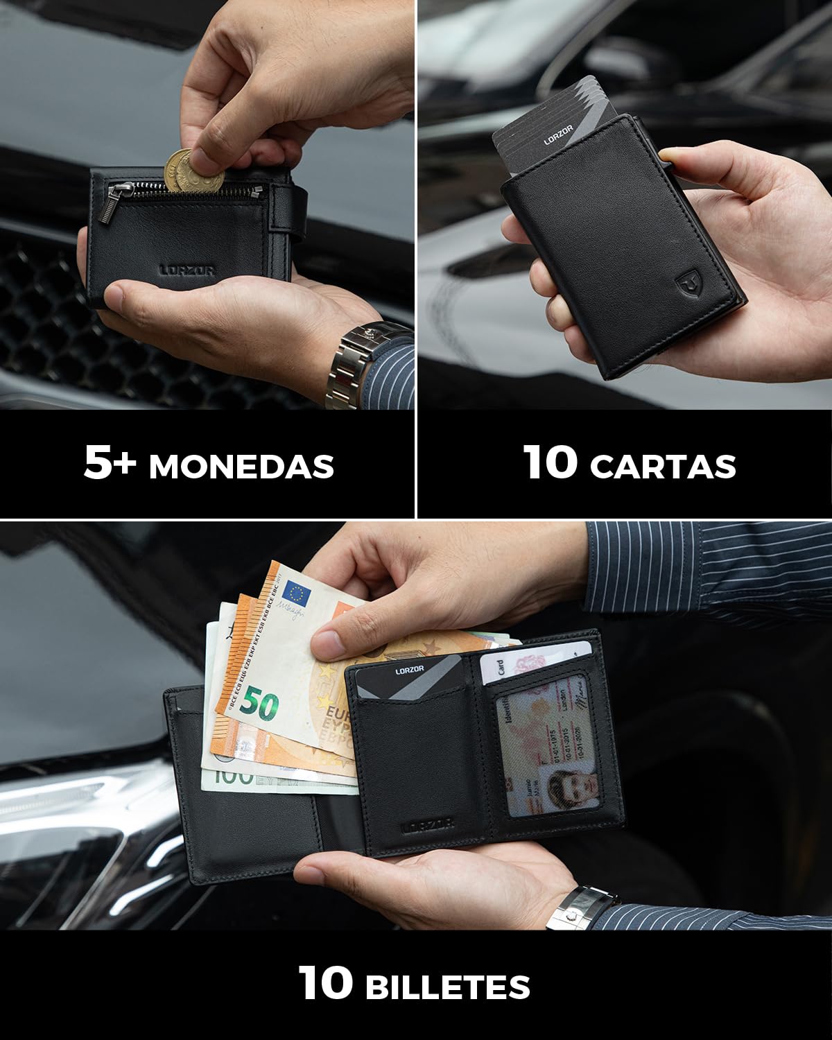 LORZOR® Cartera Pequeña de Piel Auténtica para Hombre, Tarjetero con Cierre Magnético, Billetera RFID Pop-up, Monedero con Capacidad para 10 Tarjetas