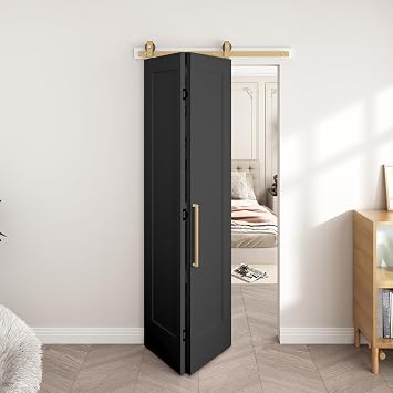 BarnSmith 36 in.x 84 in. Bifold Barn Door, 1 Panel Vinyl Wrapped Textured Black Bifold Closet Door, Hollow Core Interior Barn Doors with Brushed Gold Finish Hardware Kits, Black