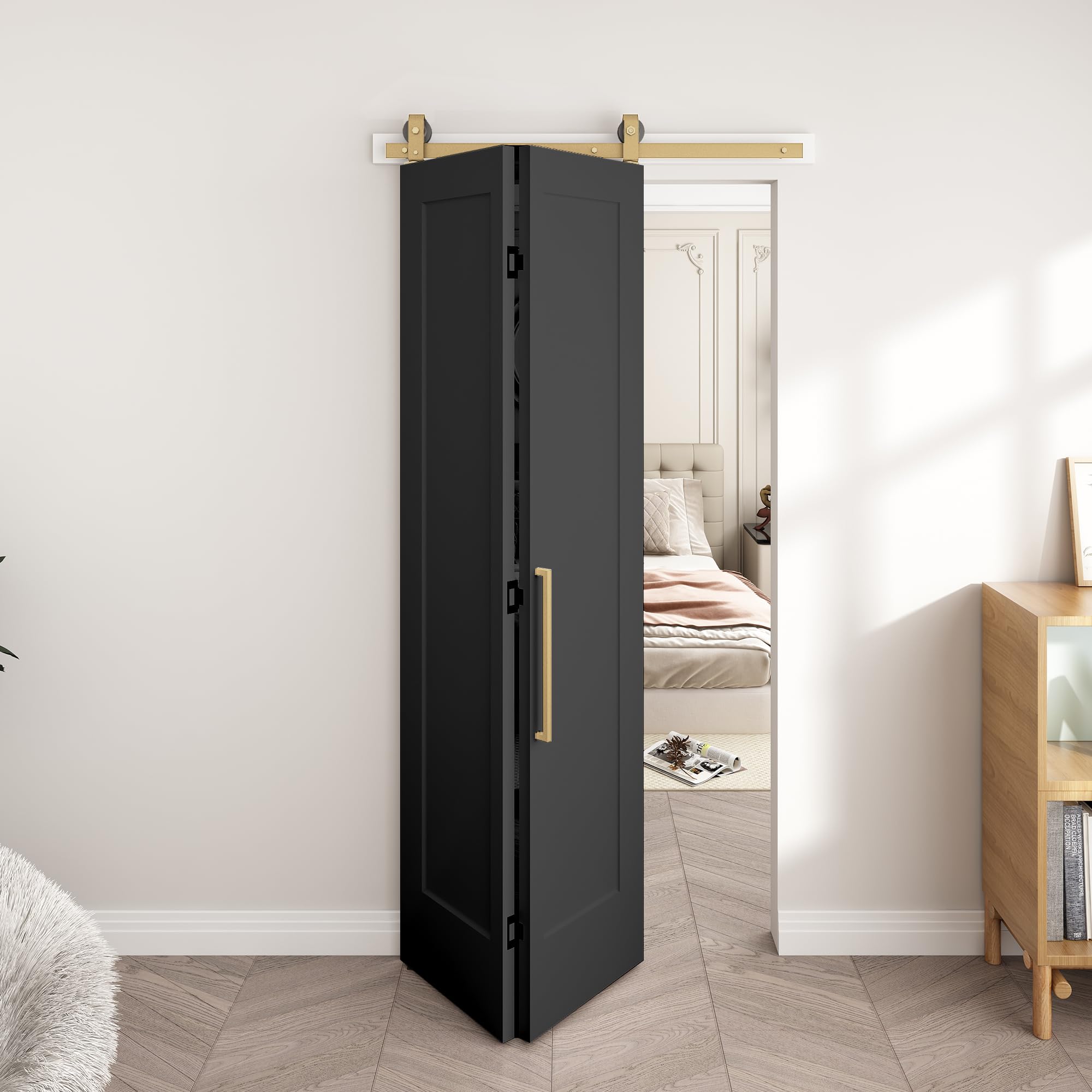 Photo 1 of BarnSmith 36 in.x 84 in. Bifold Barn Door, 2 Panel Vinyl Wrapped Textured Black Bifold Closet Door, Hollow Core Interior Barn Doors with Brushed Gold Finish Hardware Kits, Black