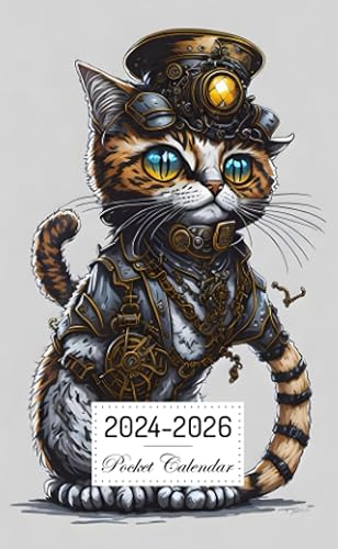 Pocket Calendar 2024-2026: Two-Year Monthly Planner for Purse , 36 Months from January 2024 to December 2026 | Steampunk Cat | Procreate art |