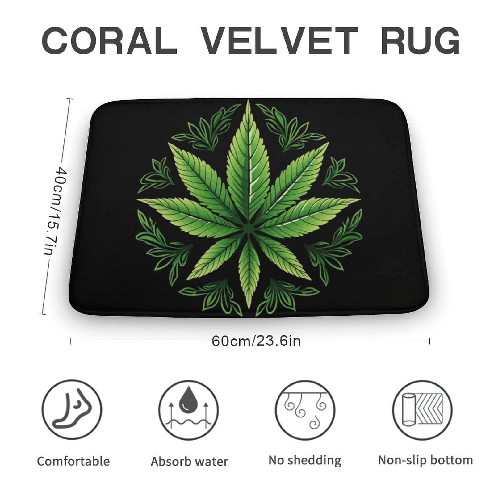 Weed Leaf Coral Velvet Rugs Non-Slip Bathroom Rugs Soft Kitchen Rug Floor Carpet for Home Decor 15.7