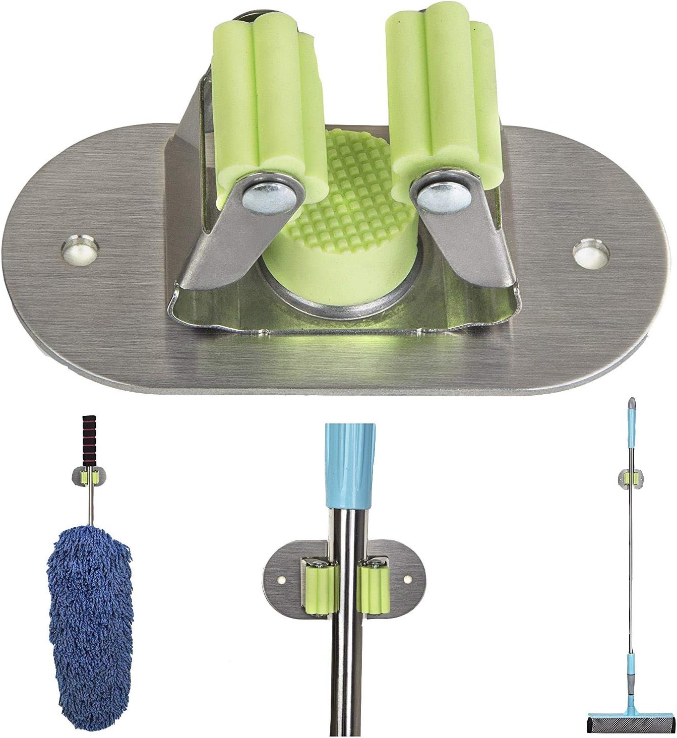 Mop and Broom Holder, 3M Self Adhesive Wall Mounted Mop Hooks Broom Hanger Holder Bathroom Kitchen Organizer Rack with Spring Clip Design (2PCS)