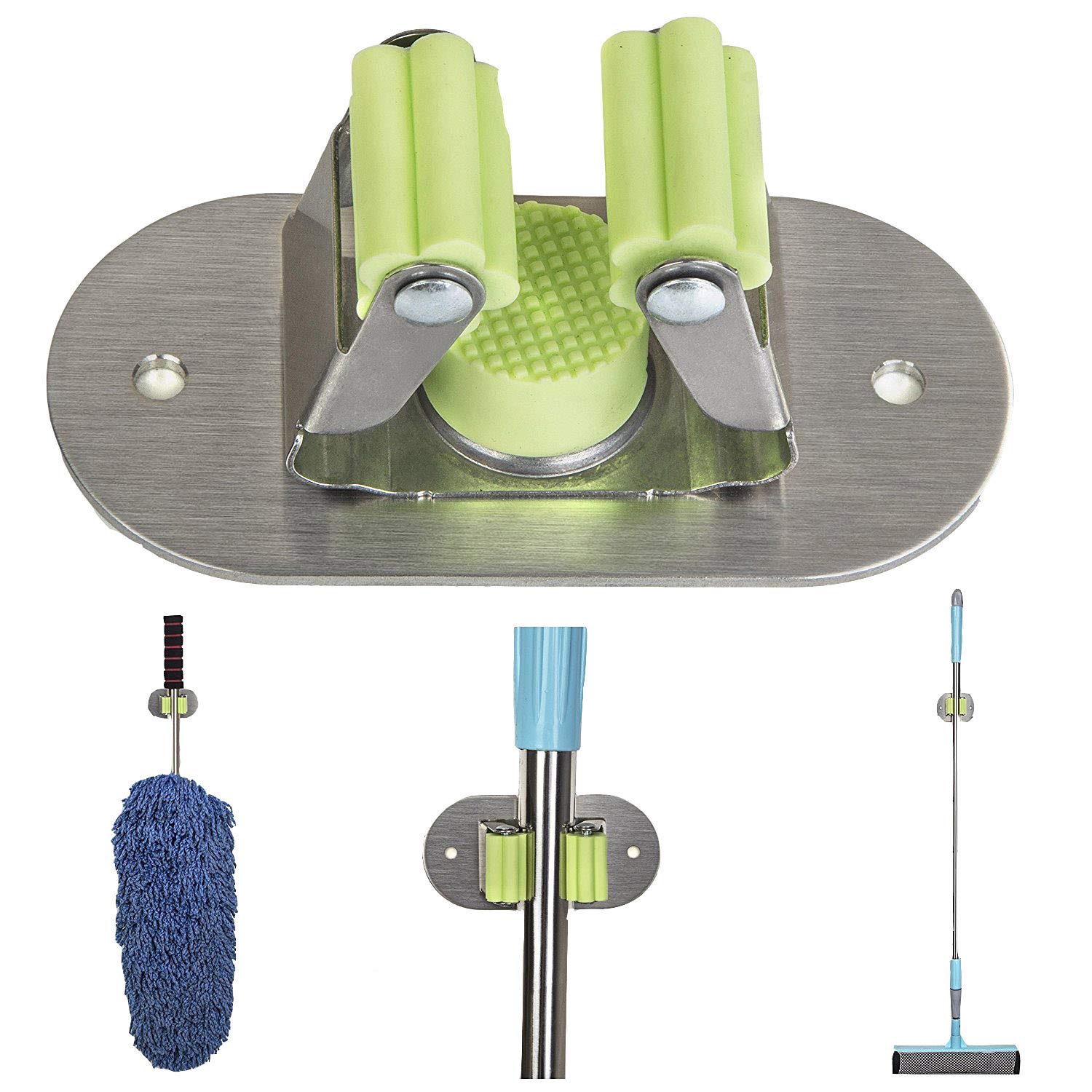 Mop and Broom Holder, 3M Self Adhesive Wall Mounted Mop Hooks Broom Hanger Holder Bathroom Kitchen Organizer Rack with Spring Clip Design (2PCS)