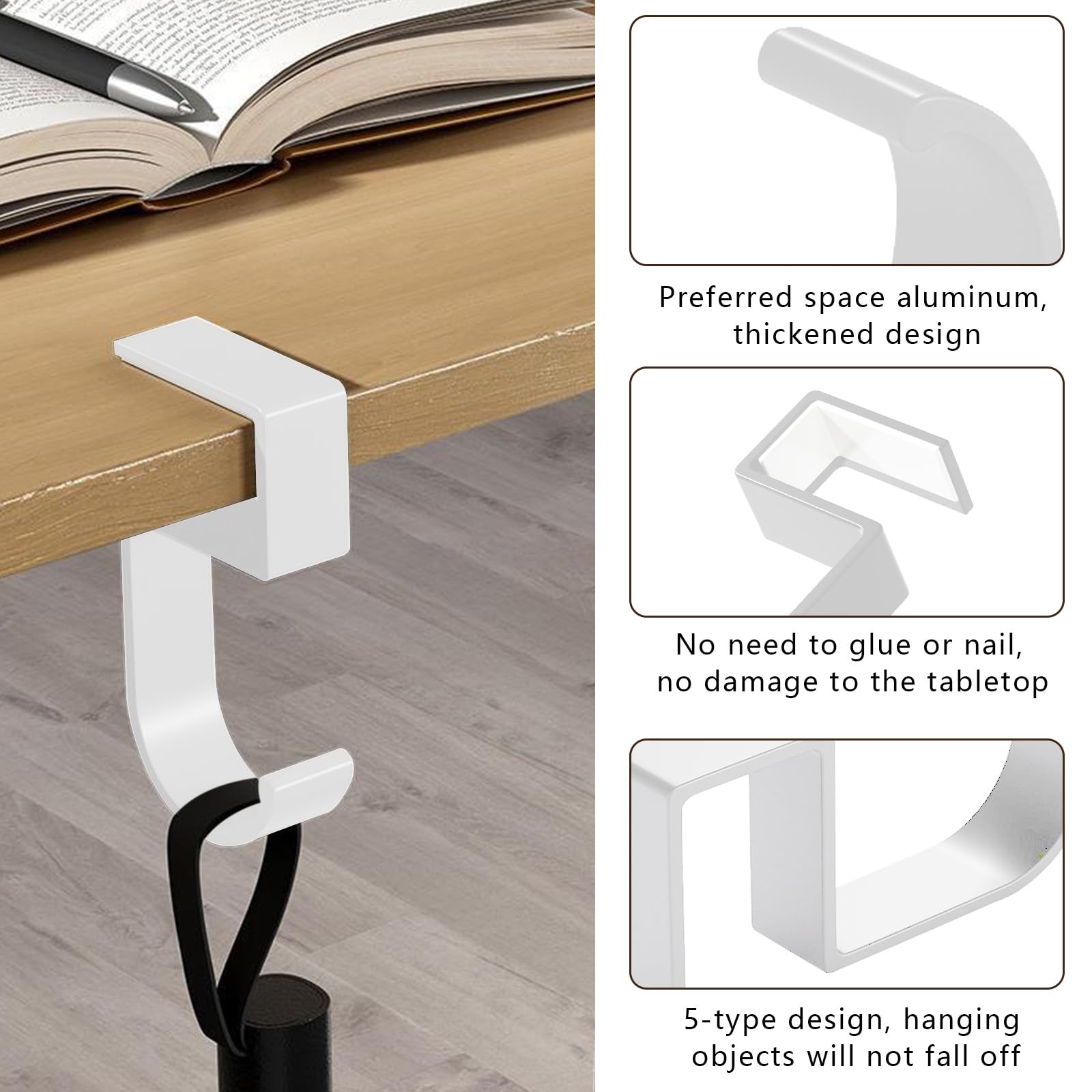 Support Sac De Bureau – 4 Pièces Blanc – Clip Métal – Sans Vis – Pour Table, Restaurant, école – Accroche Sacs, Casques
