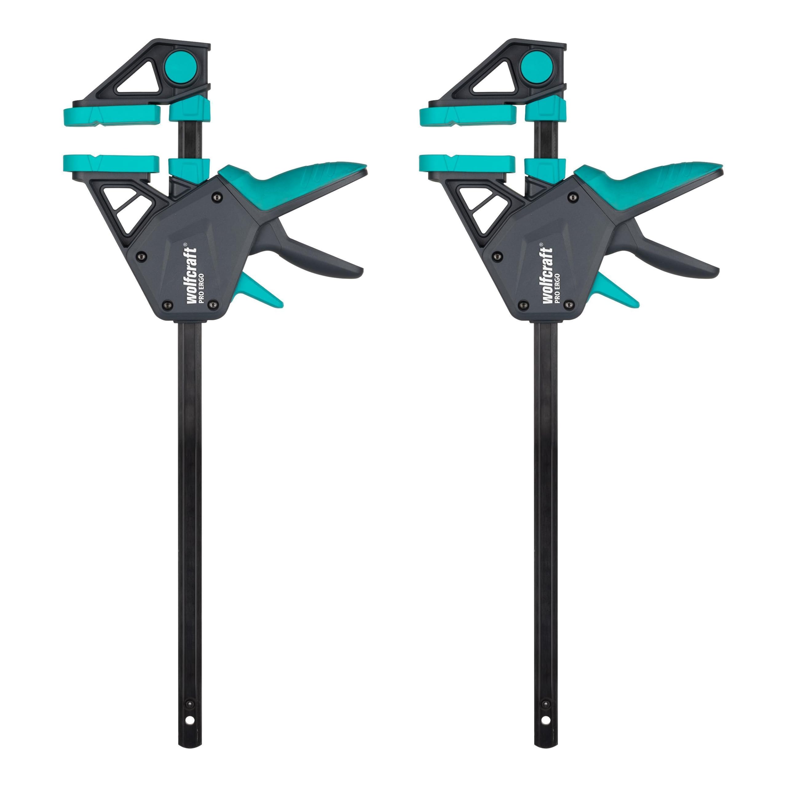 wolfcraft 2 Sargentos monomanual PRO Ergo - Fuerza de sujeción 150 kg - 8676060 - El cómodo sargento para todo tipo de usos - ancho de sujeción 300mm