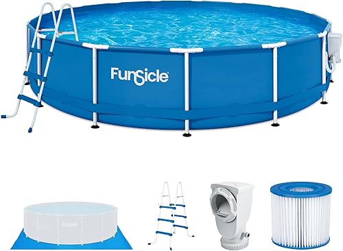 Miniatura 10 de Funsicle Juego de piscina redonda de 8 x 30 pulgadas con marco metálico para actividades al aire libre sobre el suelo para 4 personas con bomba de