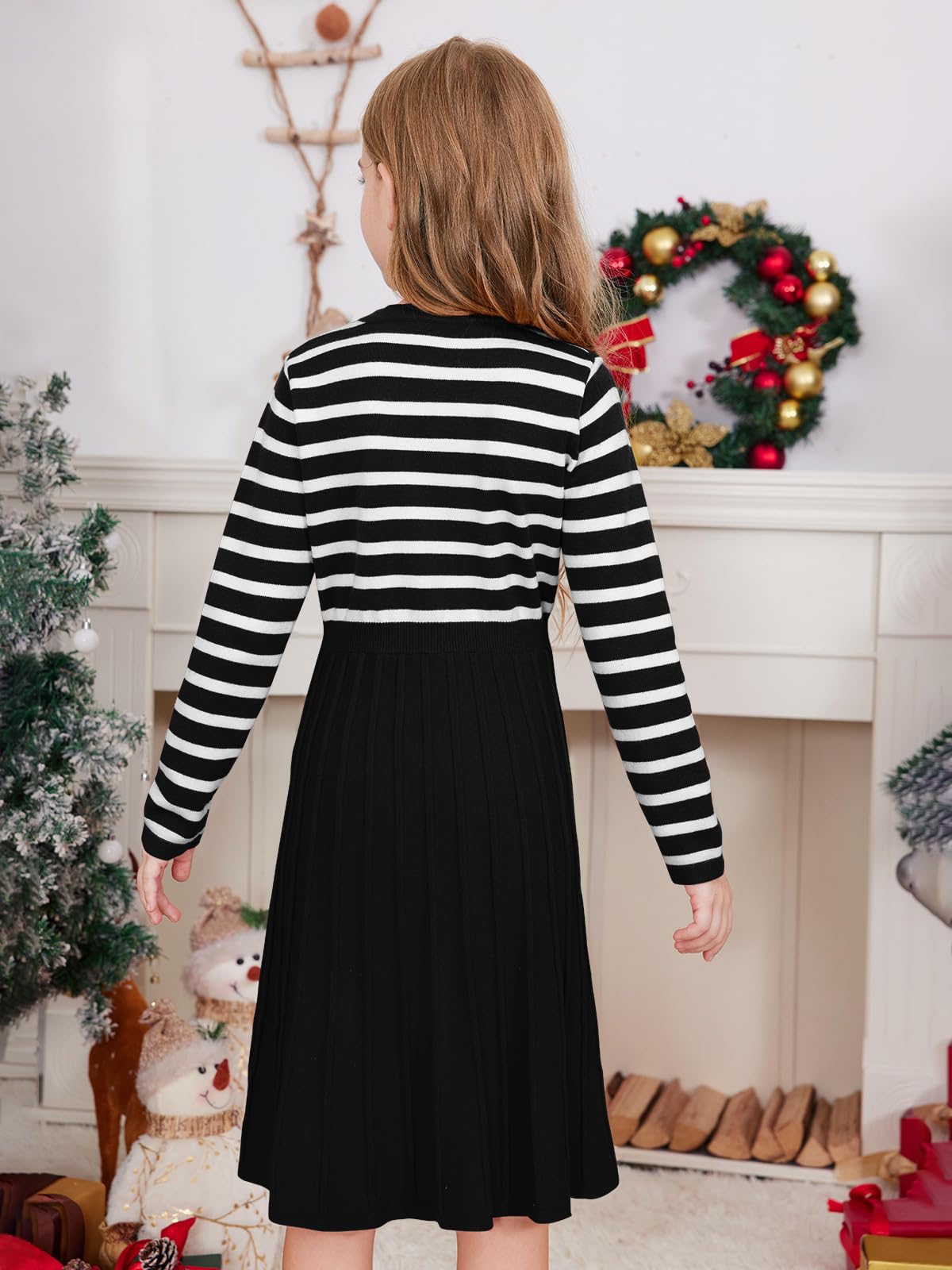 Haloumoning Vestido tipo suéter de punto para niñas, de manga larga, a rayas, plisado, para otoño e invierno, 5-14 años