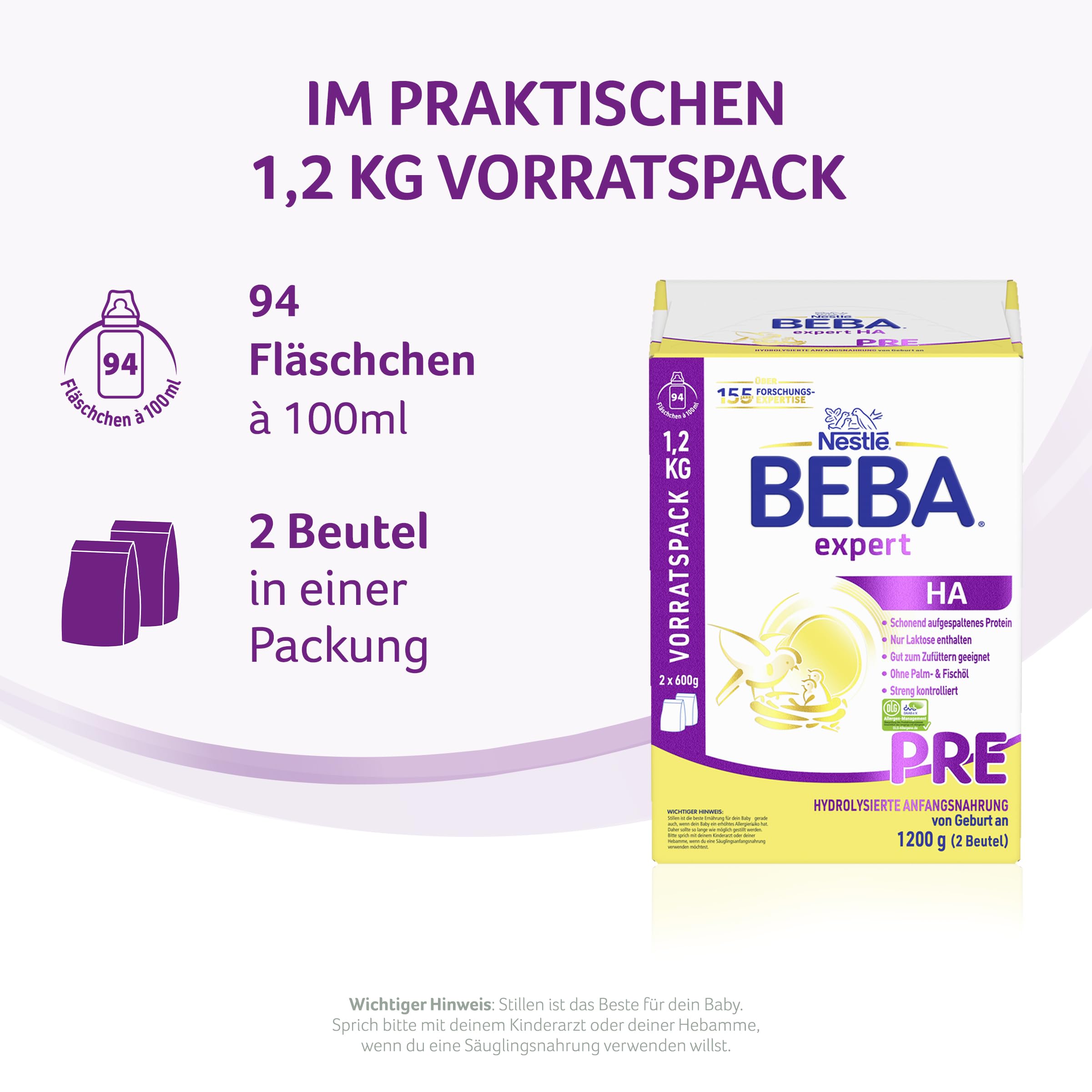 BEBA expert HA PRE Hydrolysierte Anfangsnahrung, Anfangsmilch von Geburt an, Babynahrung, Baby-Milchpulver, Vorratspack 1er Pack (1 x 1200g)
