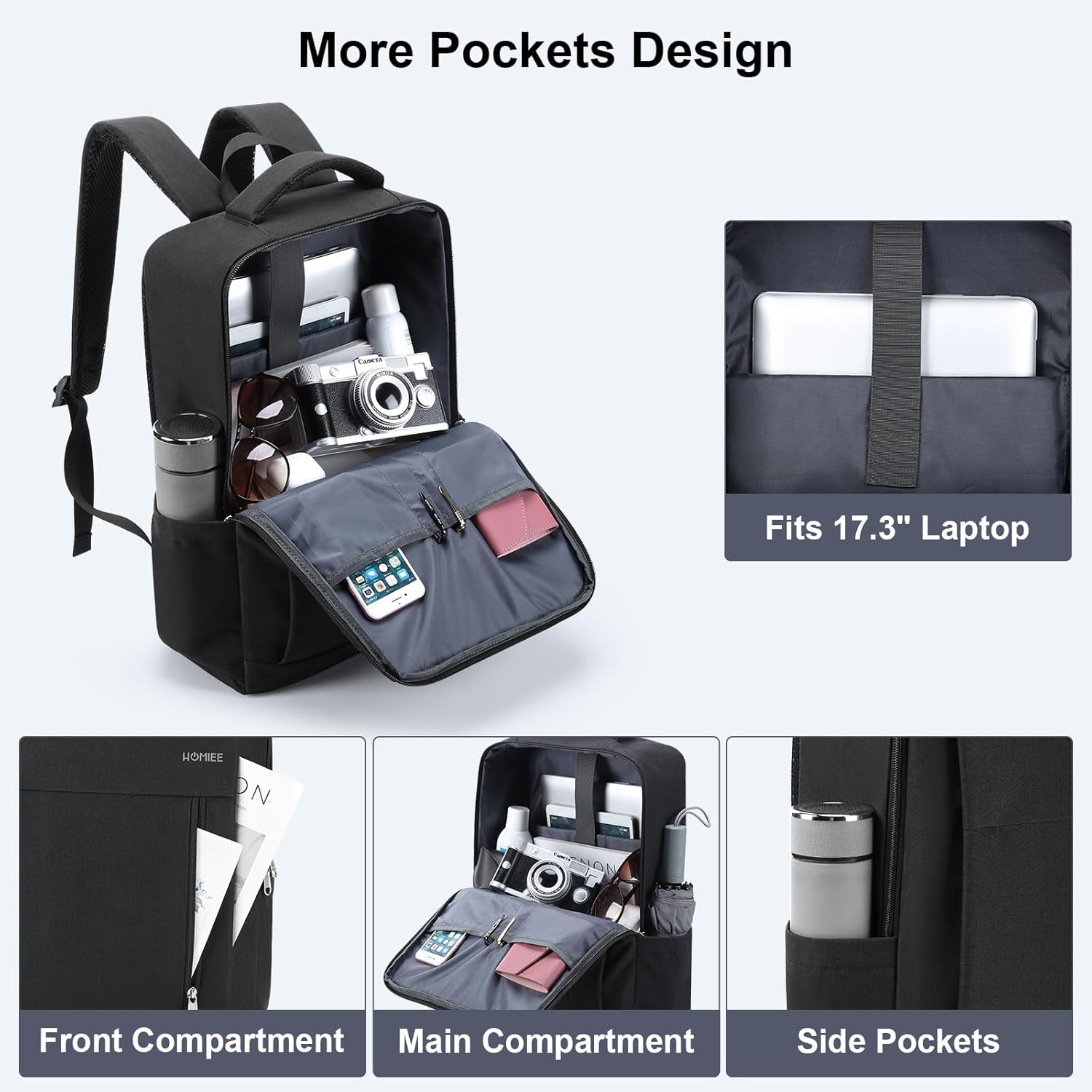 HOMIEE 17 Inch Laptop Backpack Slim Durable Business Backpack with USB Charging Port, Lightweight Casual Daypack for College School Work Travel, Black - Image 4