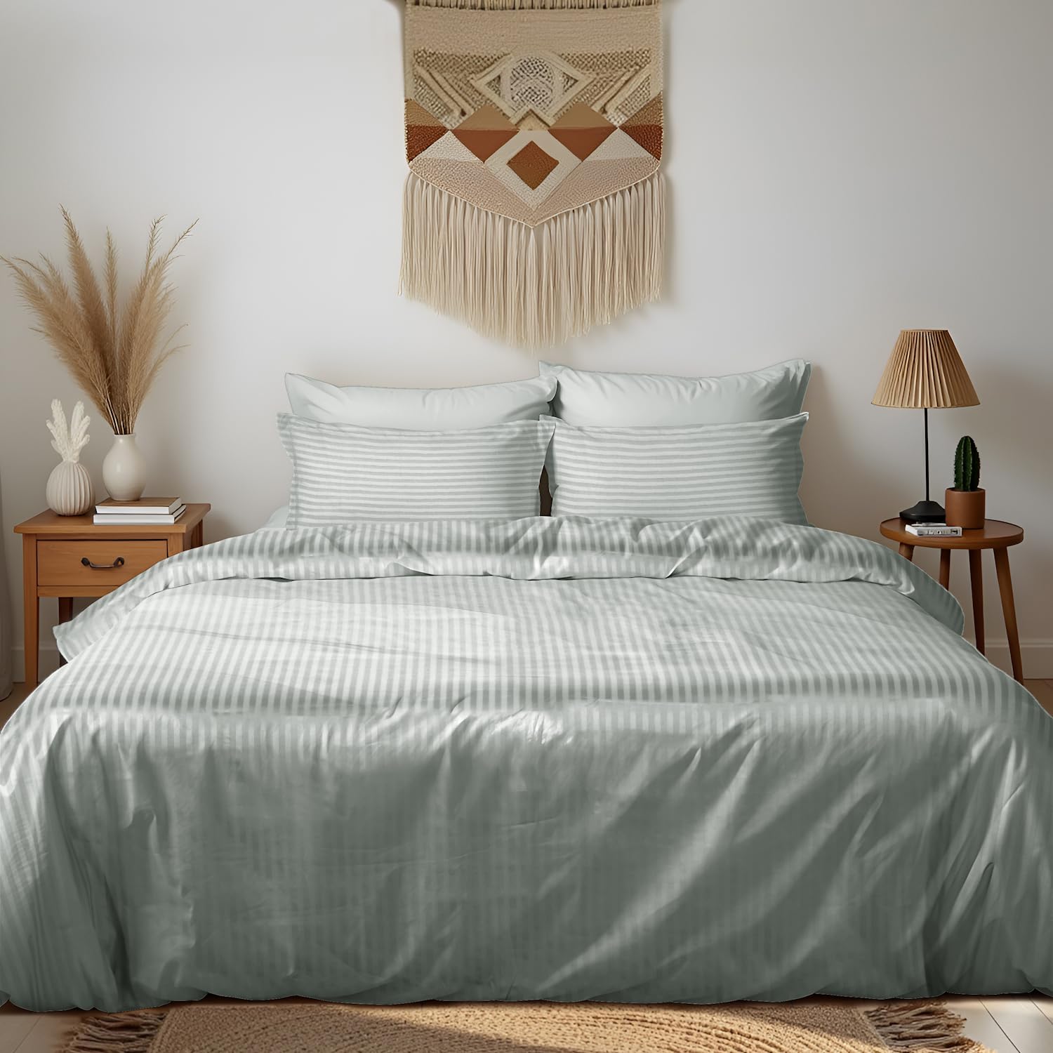 - Arvind 100% Cotton Double Size Bedsheet 300 Thread Count Stripe Flat Bedsheet | King Bed Size Luxury Flat Sheet with 2 Pillow Covers-Grey