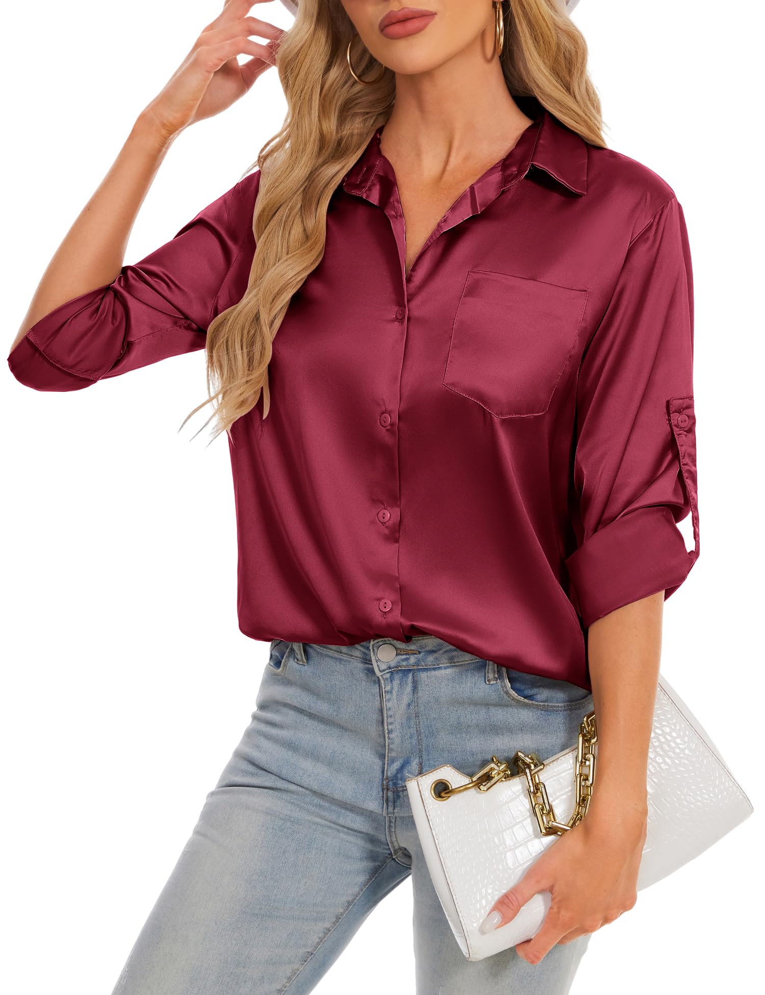 Chemise,Chemisier En Satin à Manches Longues Pour Femmes, élégant, à La Mode, Couleur Unie
